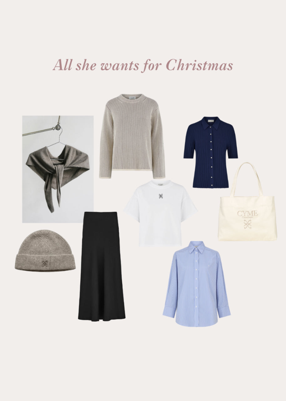 Christmas gift ideas by CYME Copenhagen featuring a curated moodboard of premium knitwear and accessories
