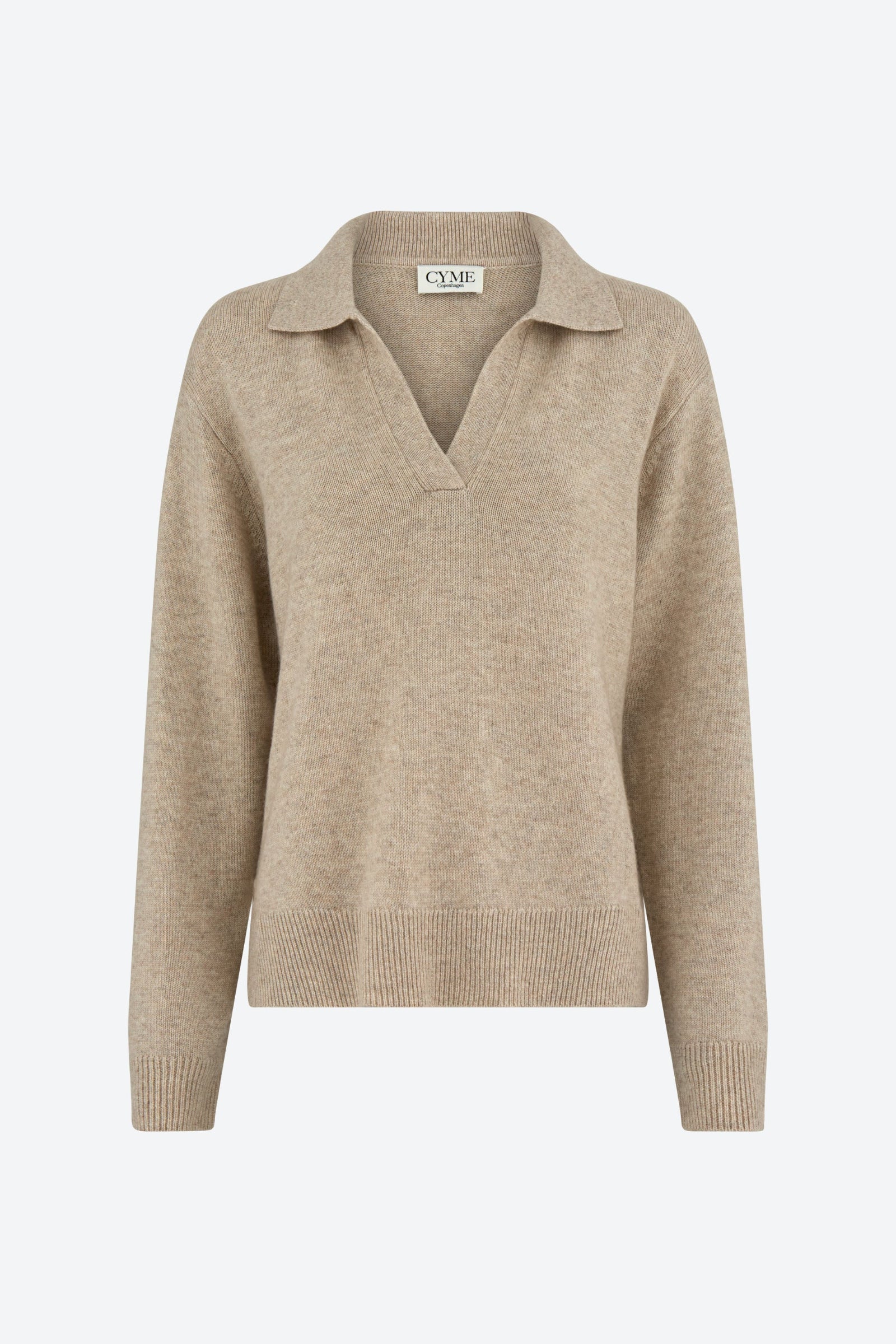 A front view of a beige polo-style knit jumper with a deep V-neck and long sleeves.