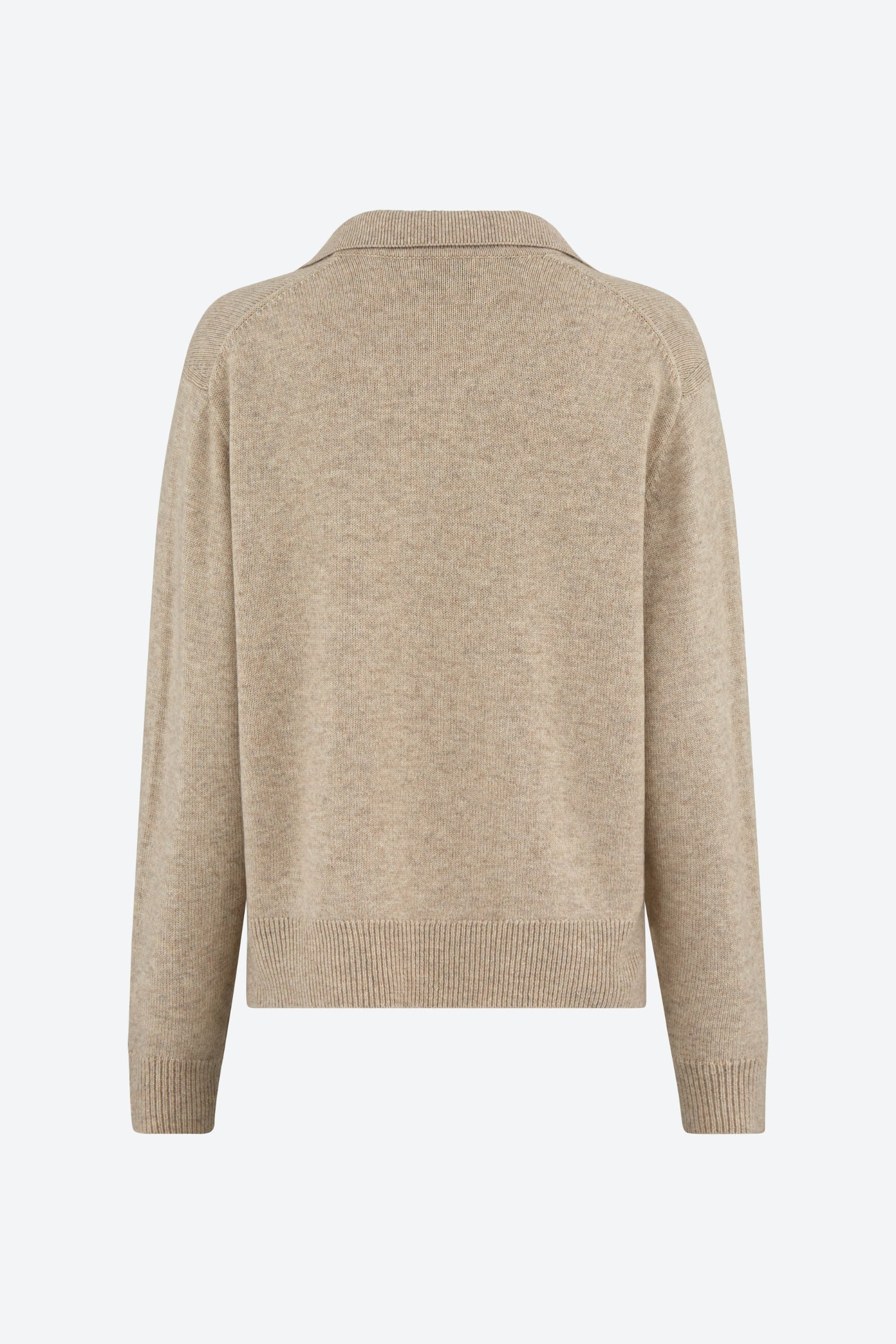 A back view of a beige polo-style knit jumper with long sleeves and ribbed cuffs.
