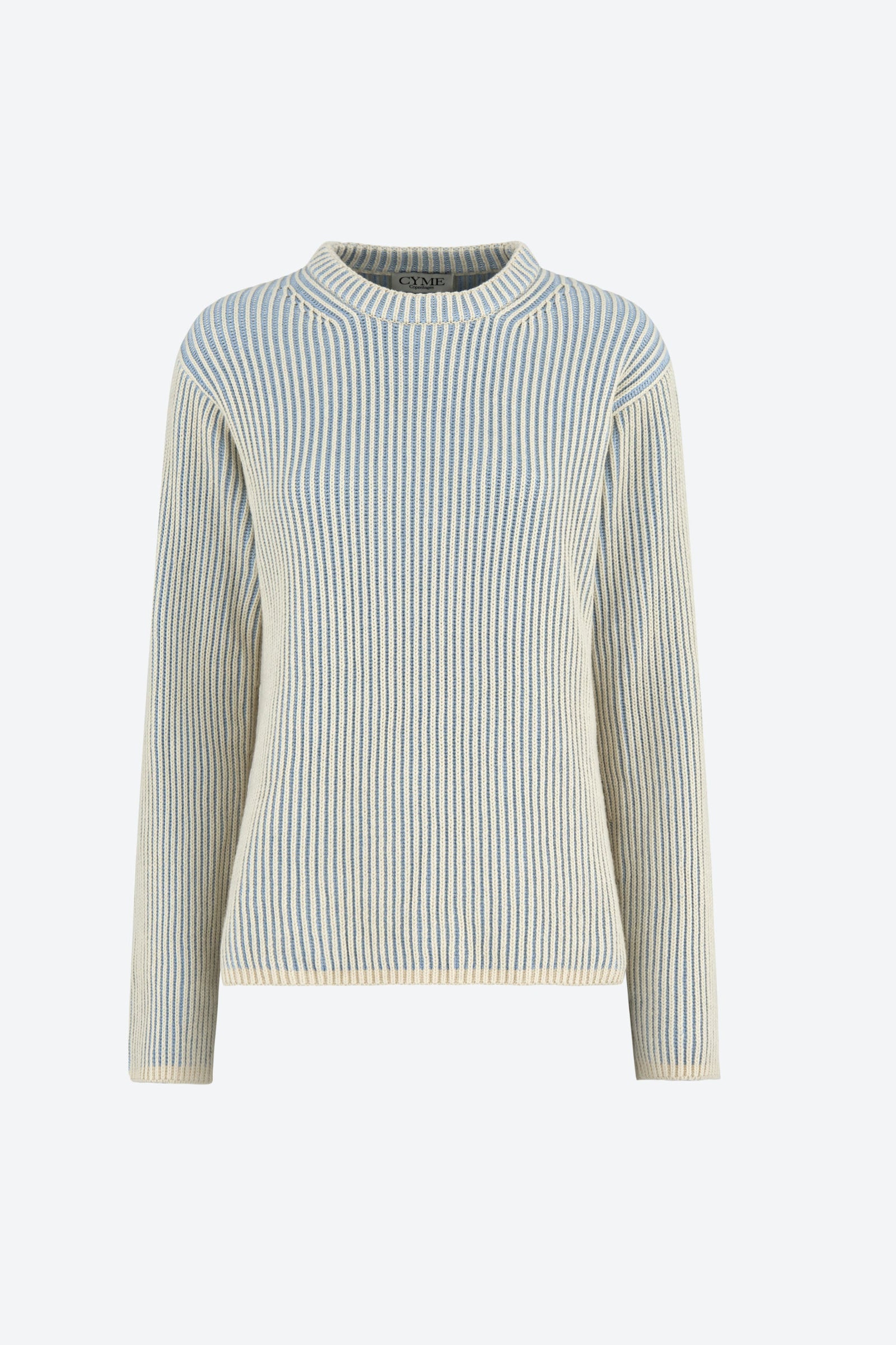 A front view of a ribbed knit sweater in cream and light blue hues, featuring a round neckline and long sleeves.