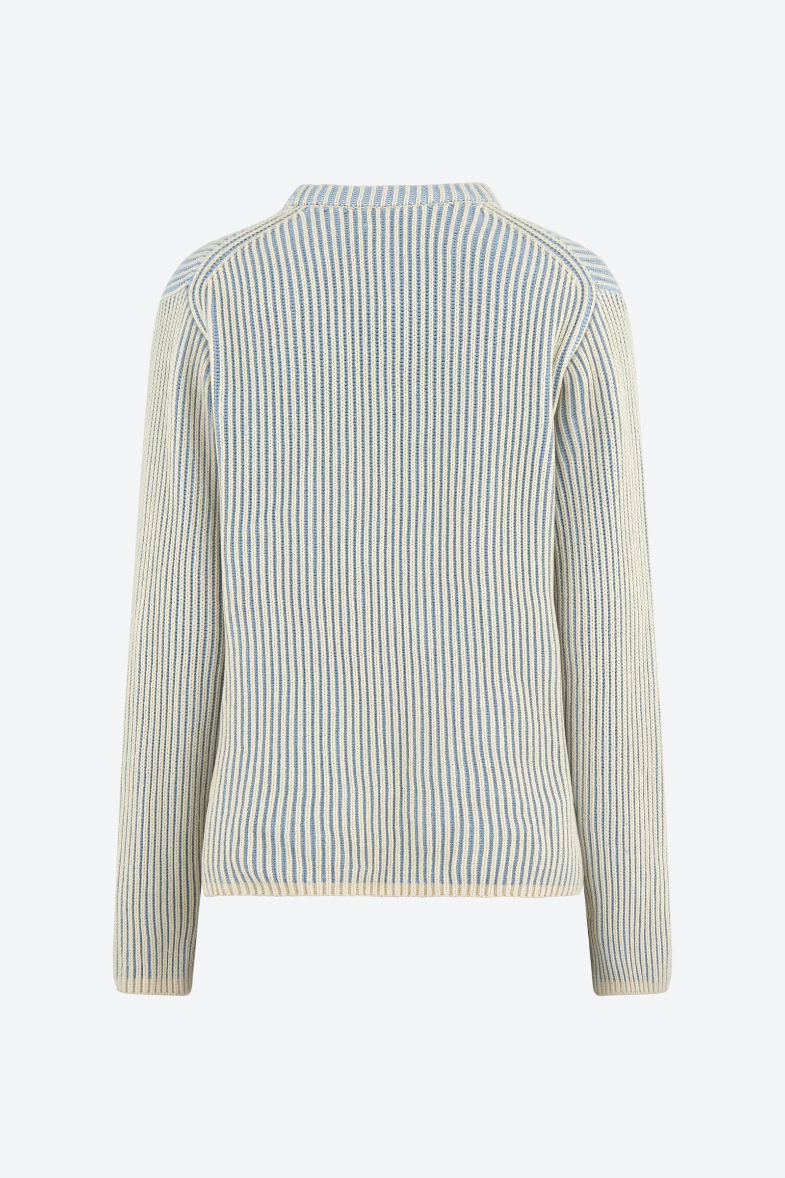 A back view of a ribbed knit sweater in cream and light blue tones, featuring a round neckline and long sleeves.
