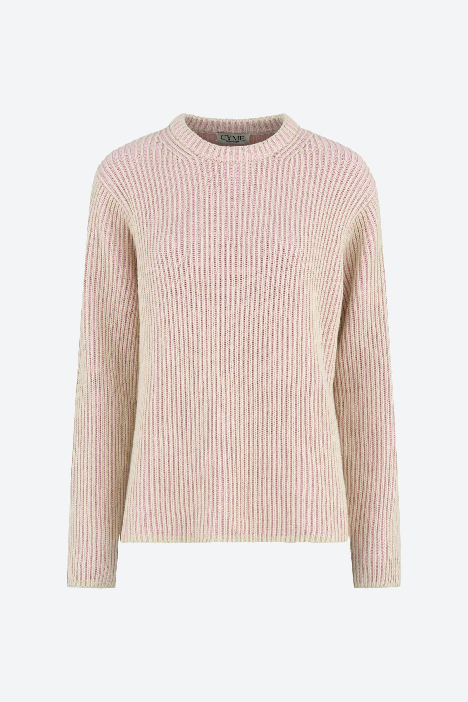 A front view of a ribbed knit sweater in cream and light pink hues, featuring a round neckline and long sleeves.