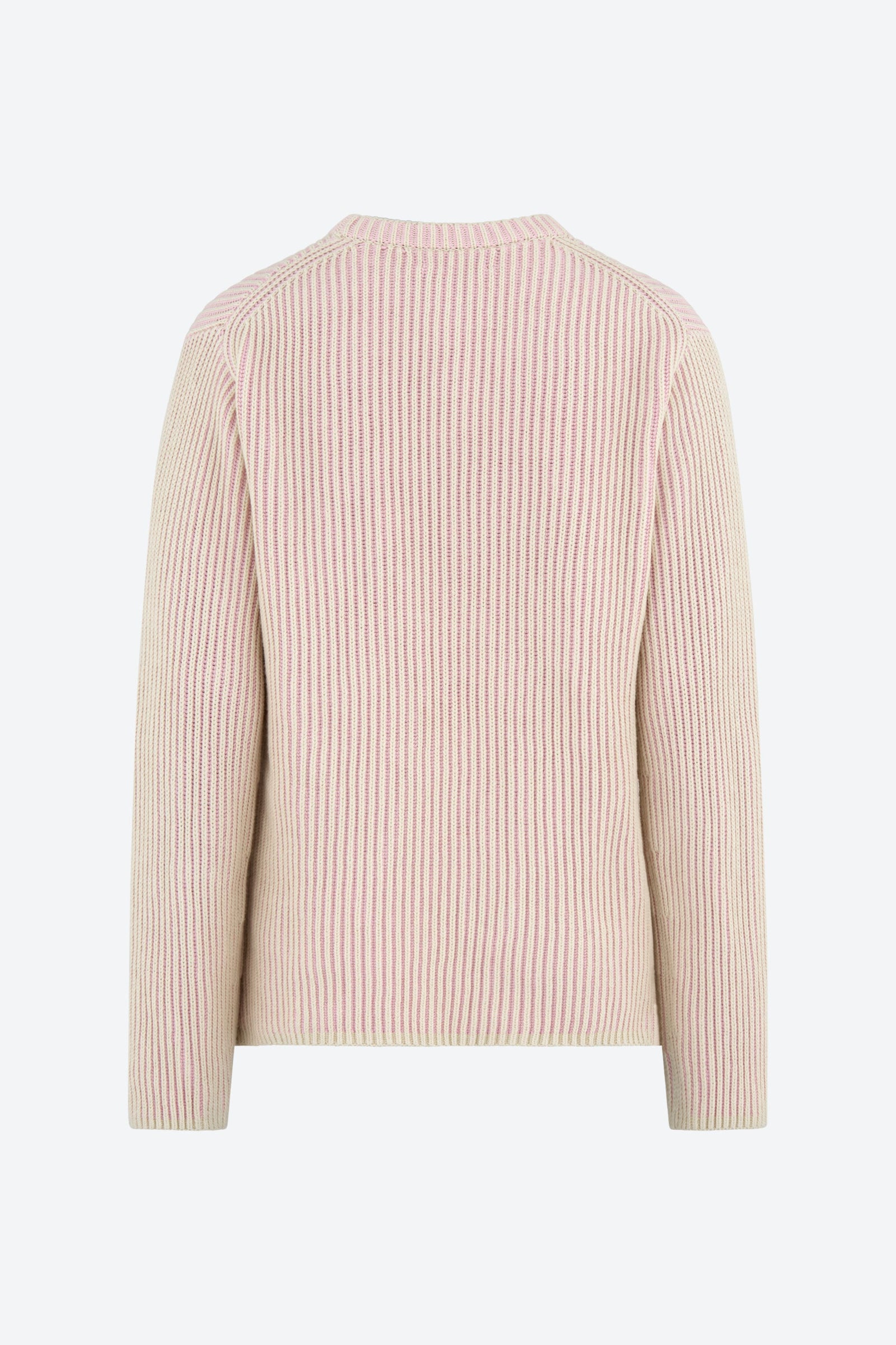 A back view of a ribbed knit sweater in cream and light pink tones, featuring a round neckline and long sleeves.
