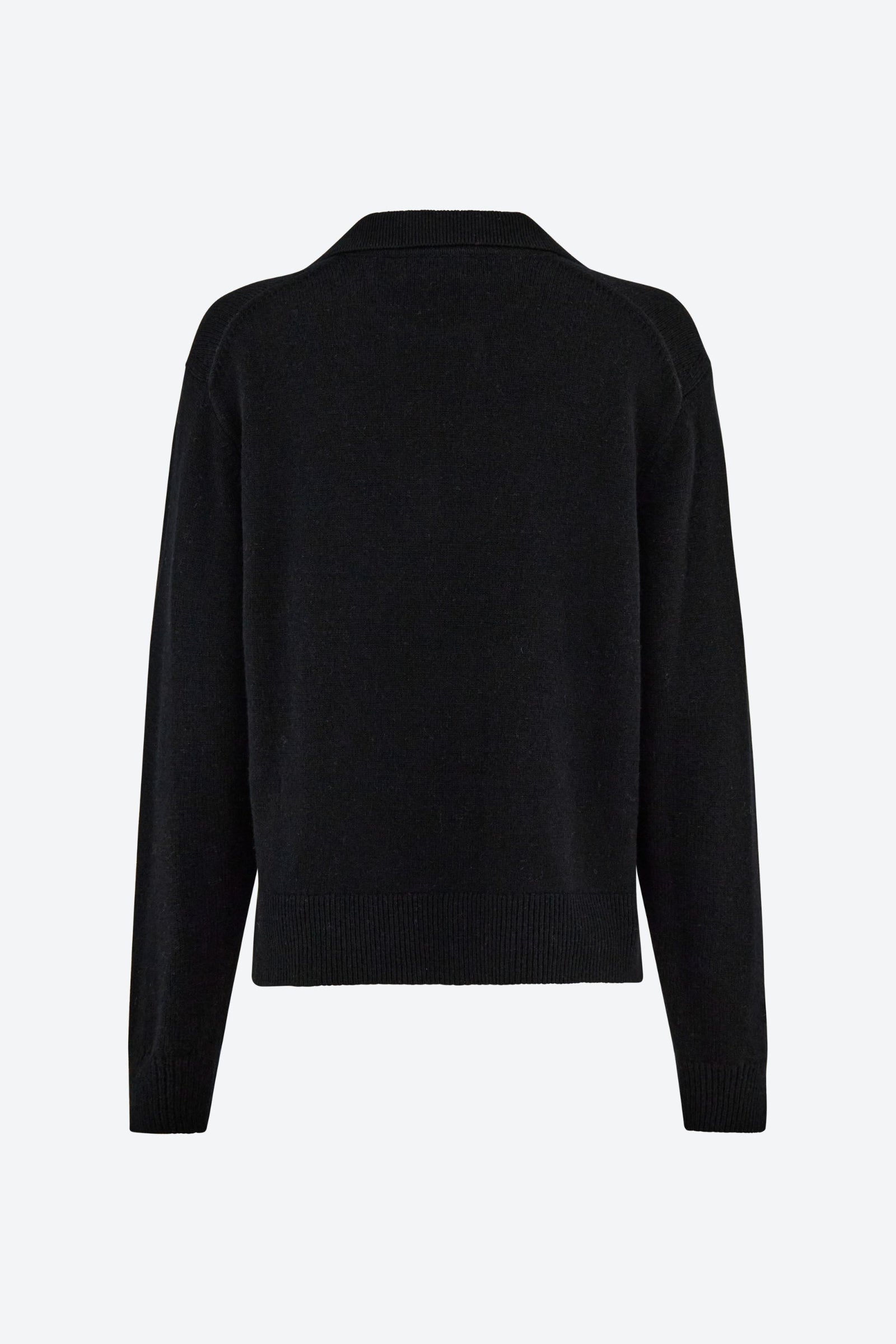 A back view of a black polo-style knit jumper with long sleeves and ribbed cuffs.