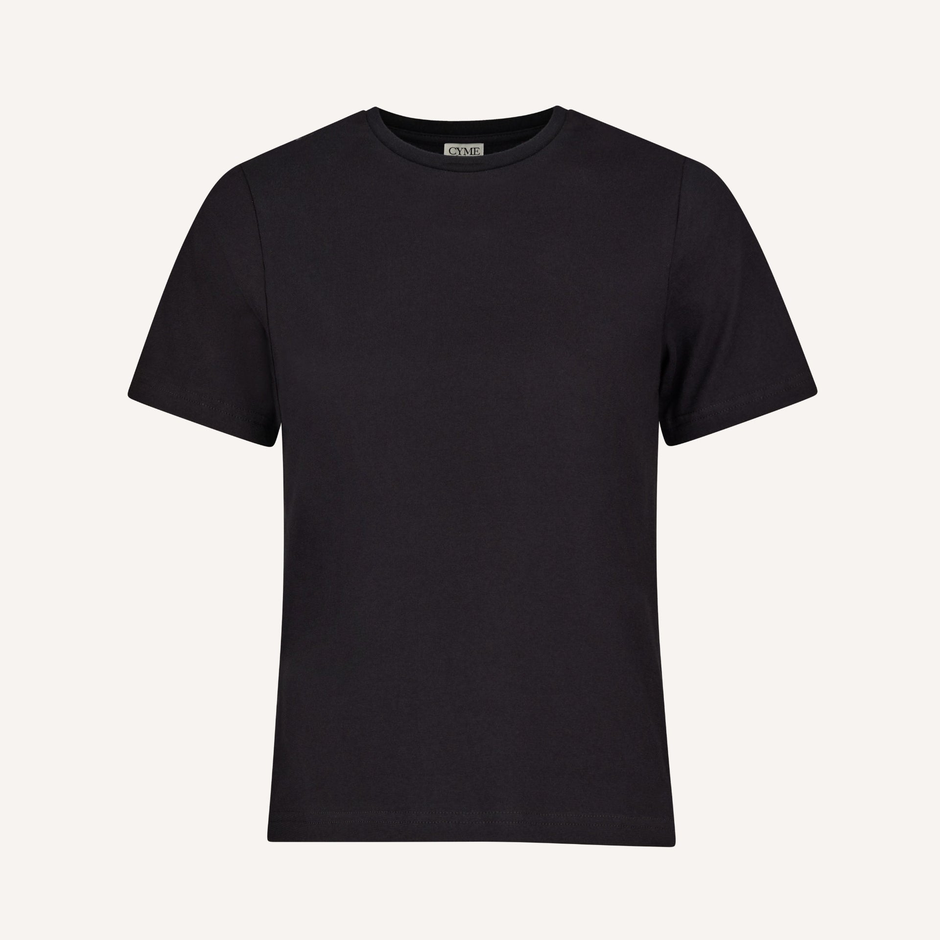 Front view of CYME Copenhagen basic black tee.