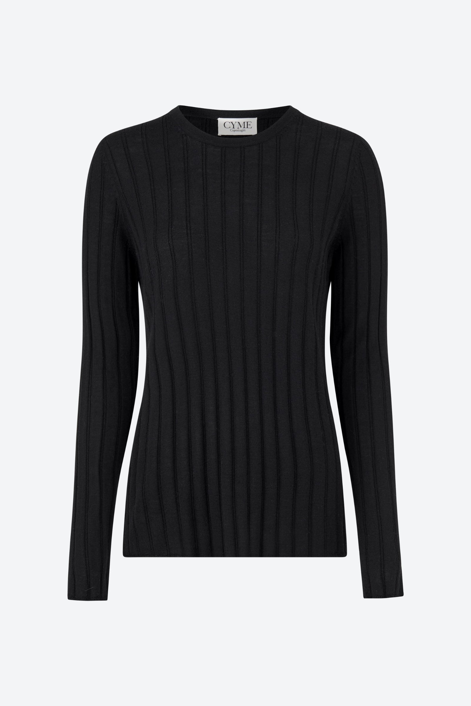 A black, long-sleeve, ribbed-knit sweater with a round neckline. The sweater features a slim fit and is displayed on a plain background.
