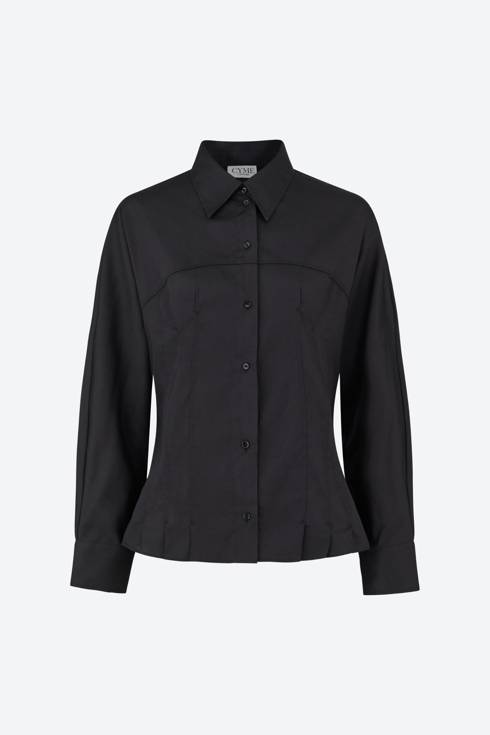 A black, long-sleeve, button-down shirt with a classic collar and tailored fit. The shirt features subtle stitching details and is displayed on a plain background.