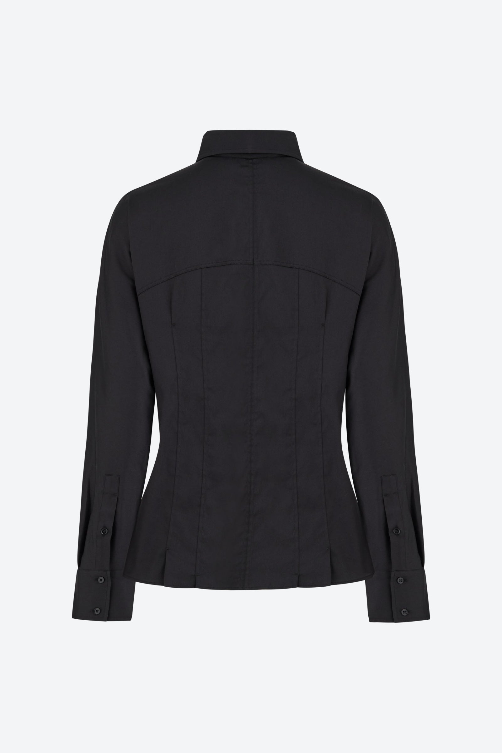 ack view of a black long-sleeve tailored shirt with a structured fit, featuring a pointed collar and buttoned cuffs. The shirt has visible seam lines for a fitted silhouette, displayed on a plain background.