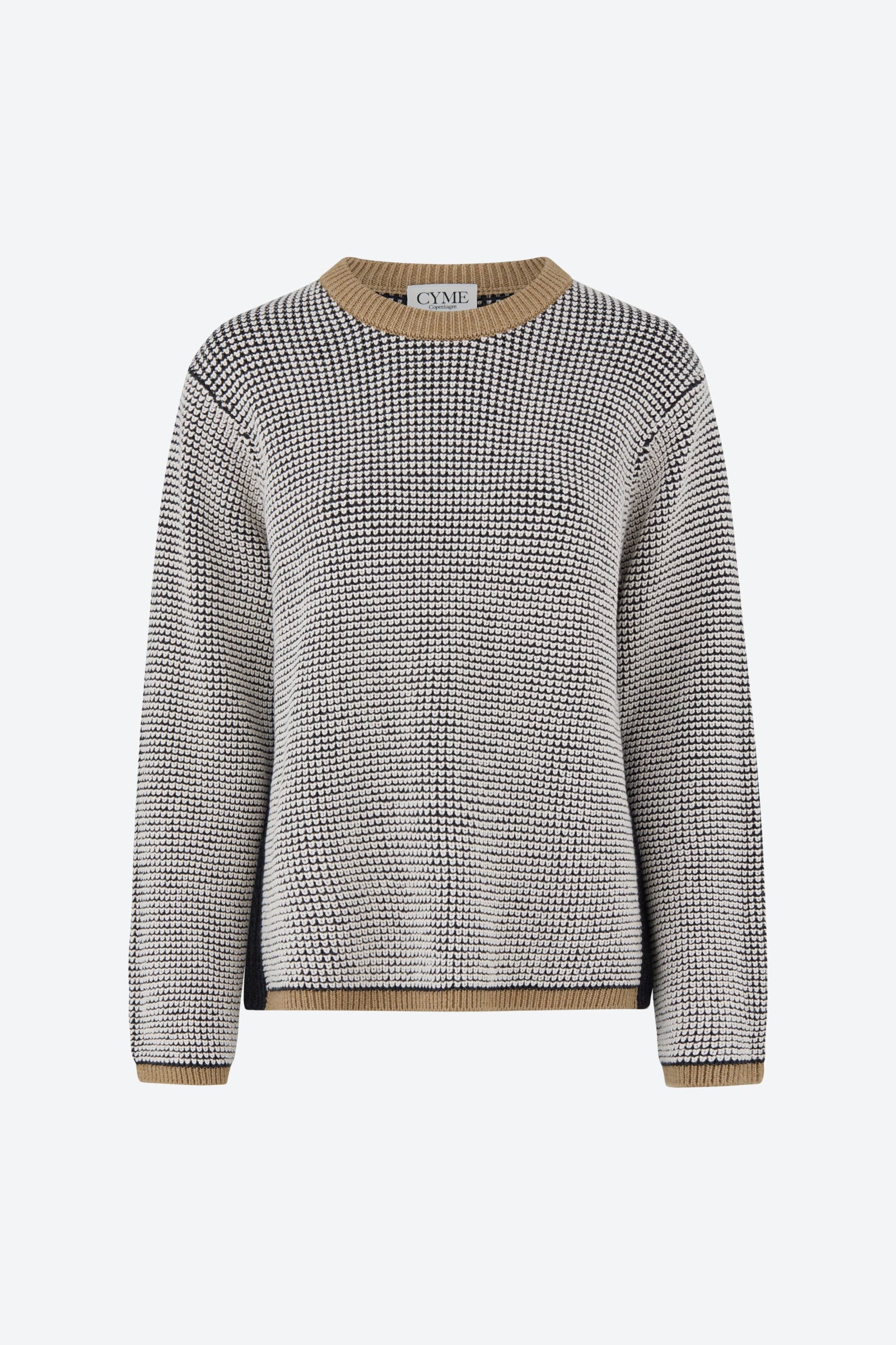 Front view of a long-sleeved knit sweater with a black and white checkered pattern, featuring a contrasting taupe ribbed neckline, hem, and cuffs, displayed on a plain background.