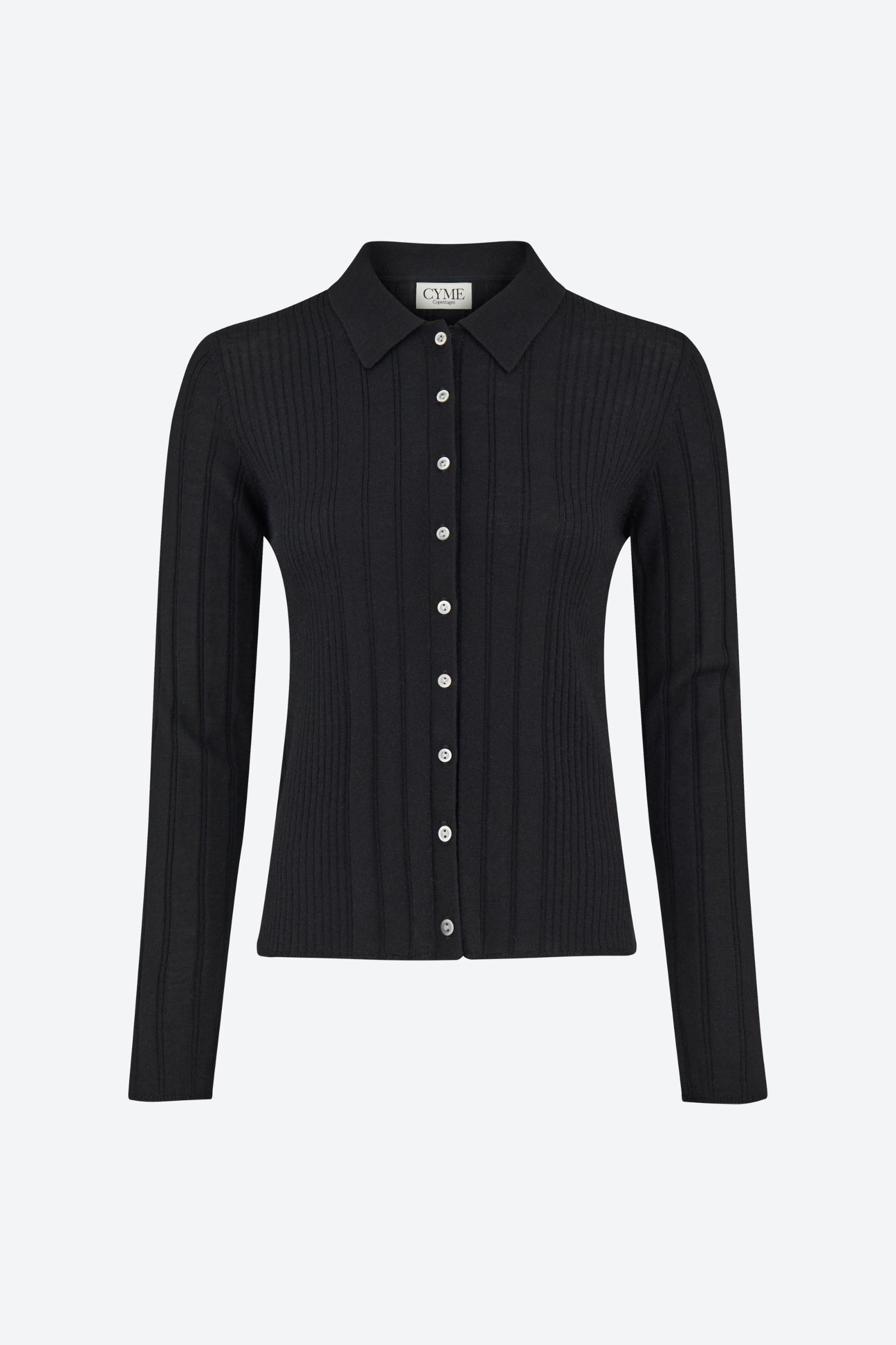 Front packshot of ribbed knit cardigan with shirt collar, black, CYME Copenhagen.