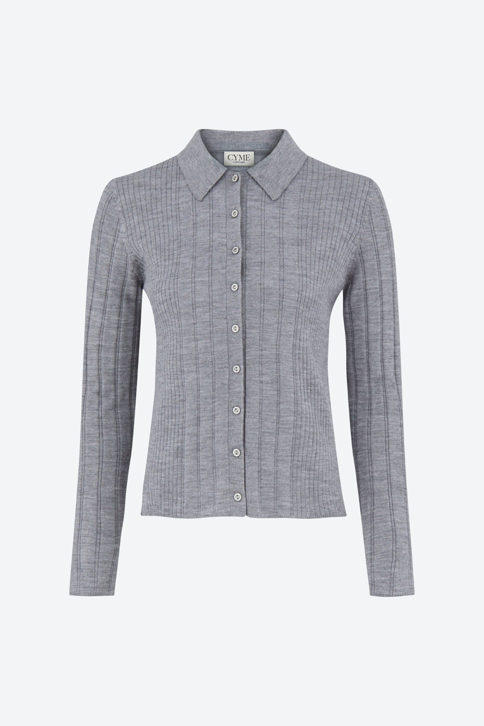 Front packshot of ribbed knit cardigan with shirt collar, grey, CYME Copenhagen.