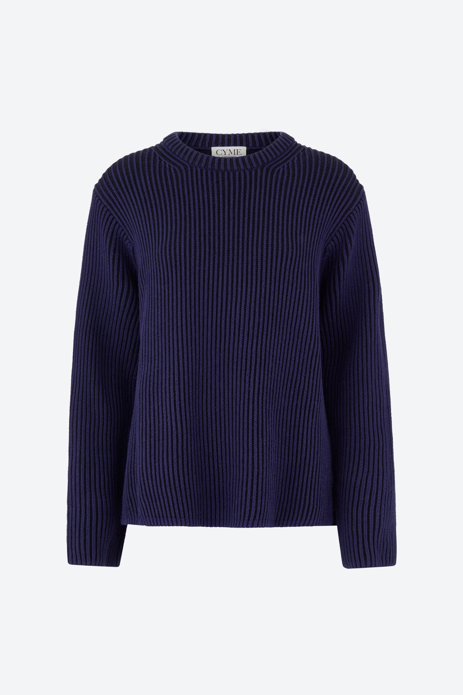Marineblå cashmere-striktrøje fra CYME Copenhagen – kraftig ribstrik med rund hals og minimalistisk silhuet.