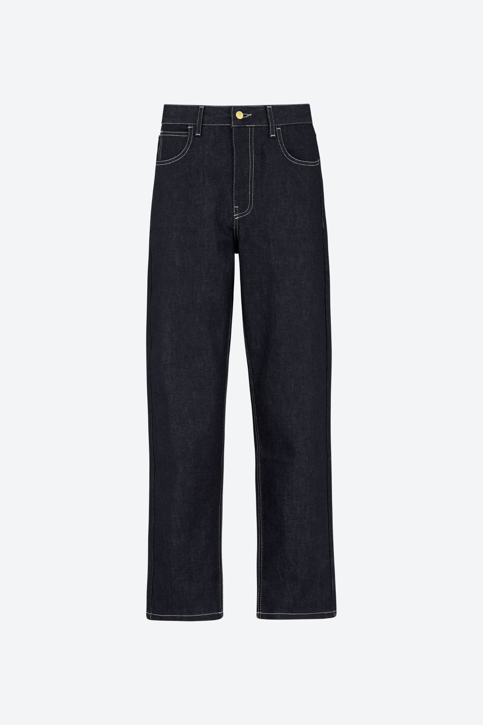 Mørkeblå denimjeans fra CYME Copenhagen med lige ben og kontrastsyninger – lavet i 100% økologisk bomuld.