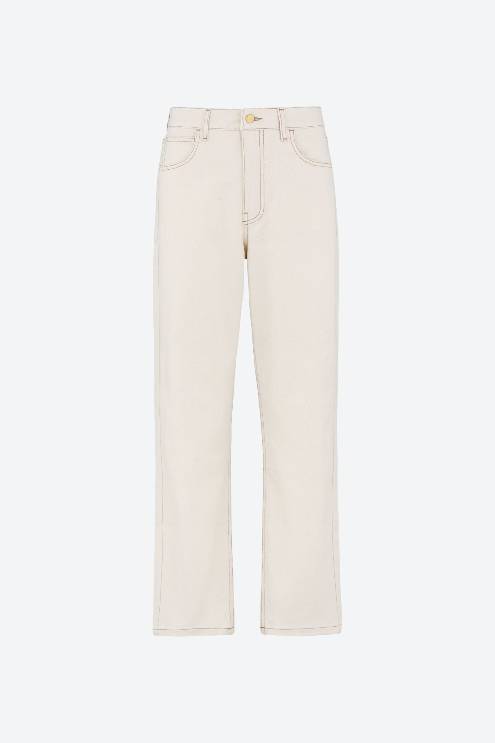 Offwhite denimjeans fra CYME Copenhagen med lige ben og høj talje, fremstillet i 100% økologisk bomuld med kontrastsyninger og klassiske lommer.