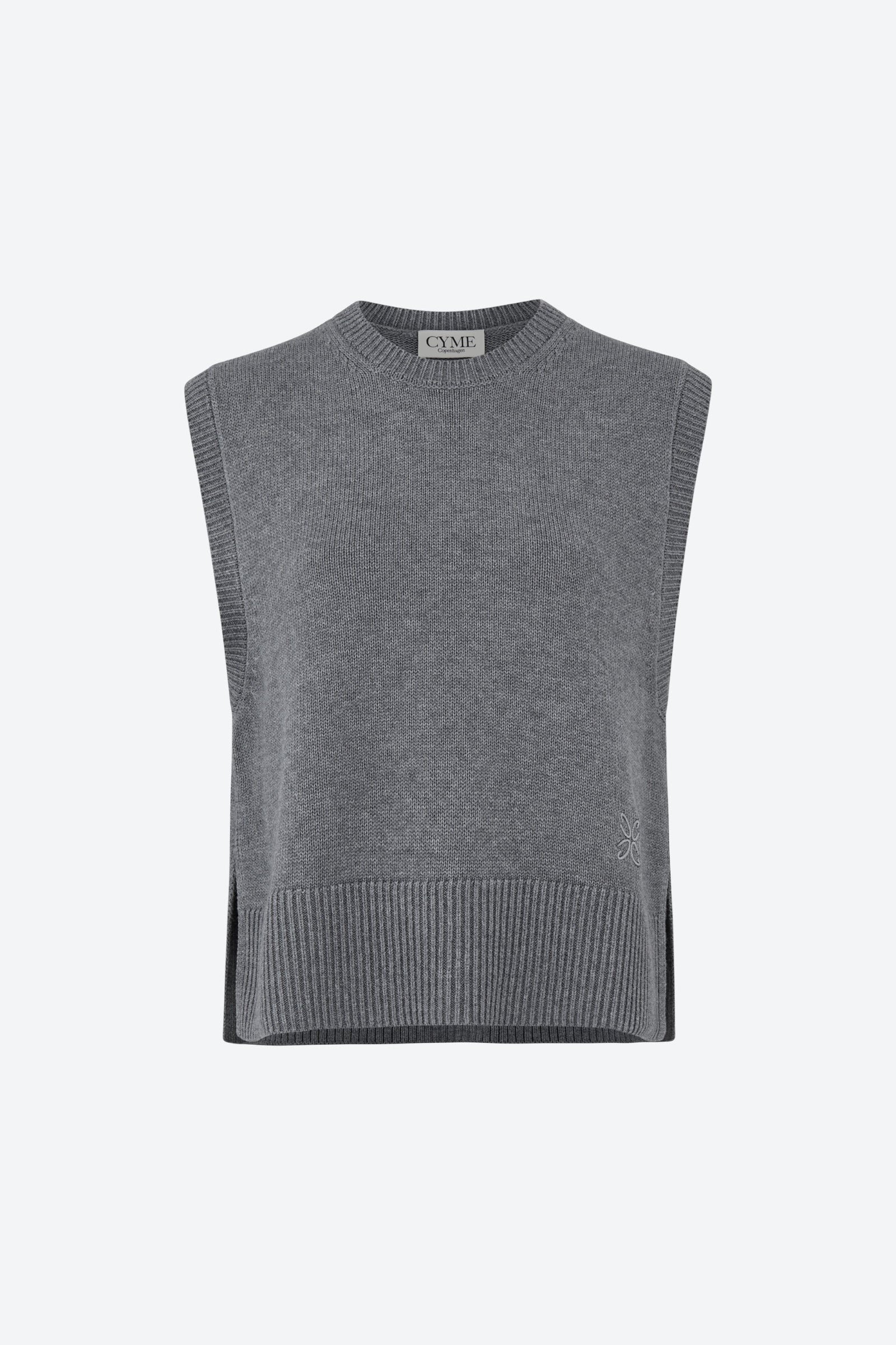 Front view of a gray sleeveless knit vest with a crew neckline and ribbed hem. The vest features a small embroidered logo on the lower right side, displayed on a plain background.
