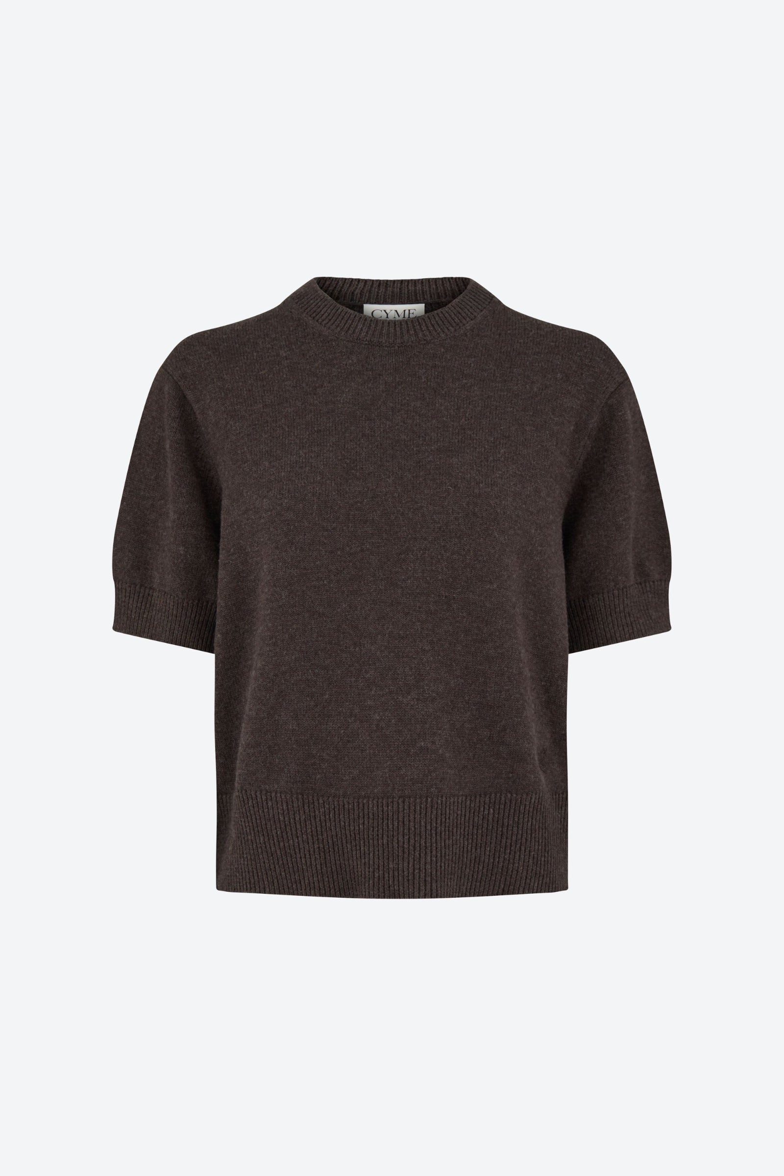 Front packshot of short-sleeve knitted top, crew neck, dark brown, CYME Copenhagen.