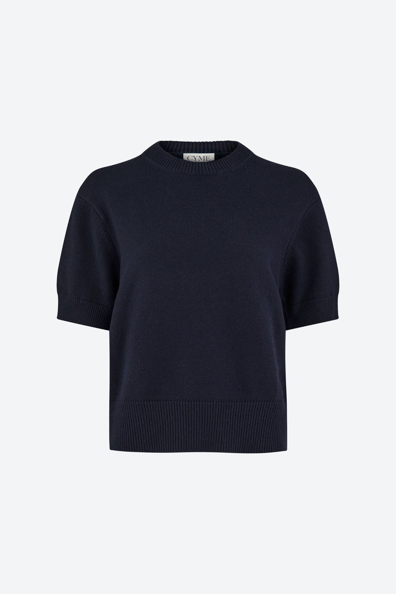 Front packshot of short-sleeve knitted top, crew neck, navy, CYME Copenhagen.