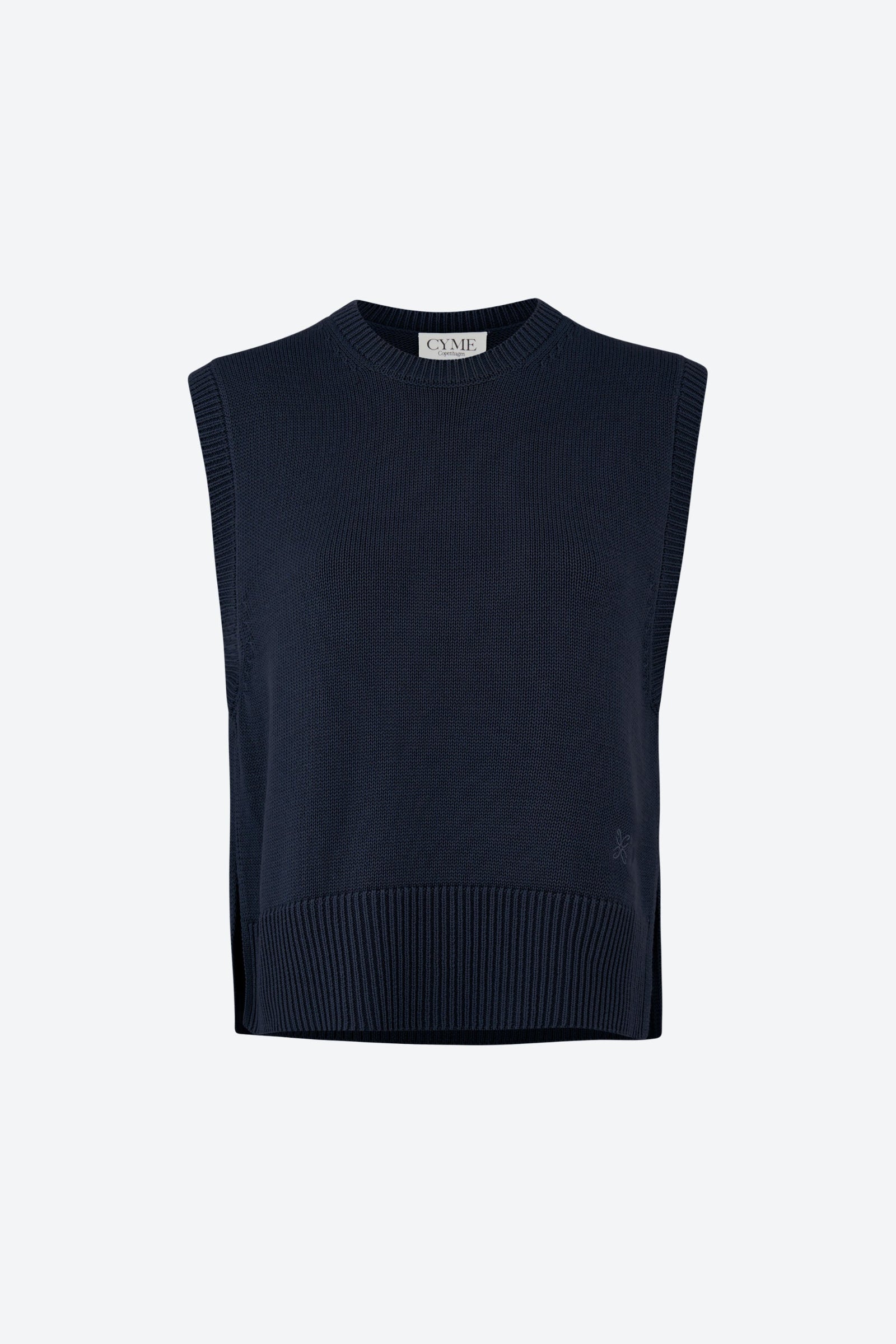 Front packshot of women's knitted vest, sleeveless crew neck, navy, CYME Copenhagen.