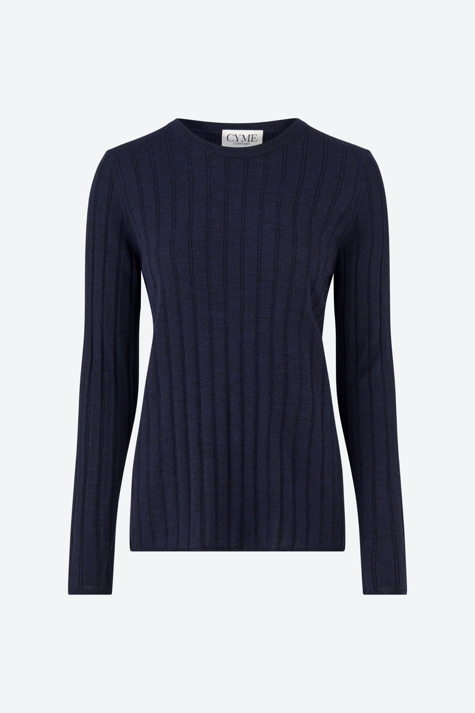 Front view of a navy blue, long-sleeve, ribbed-knit sweater with a crew neckline. The sweater features a fitted design, displayed on a plain background.