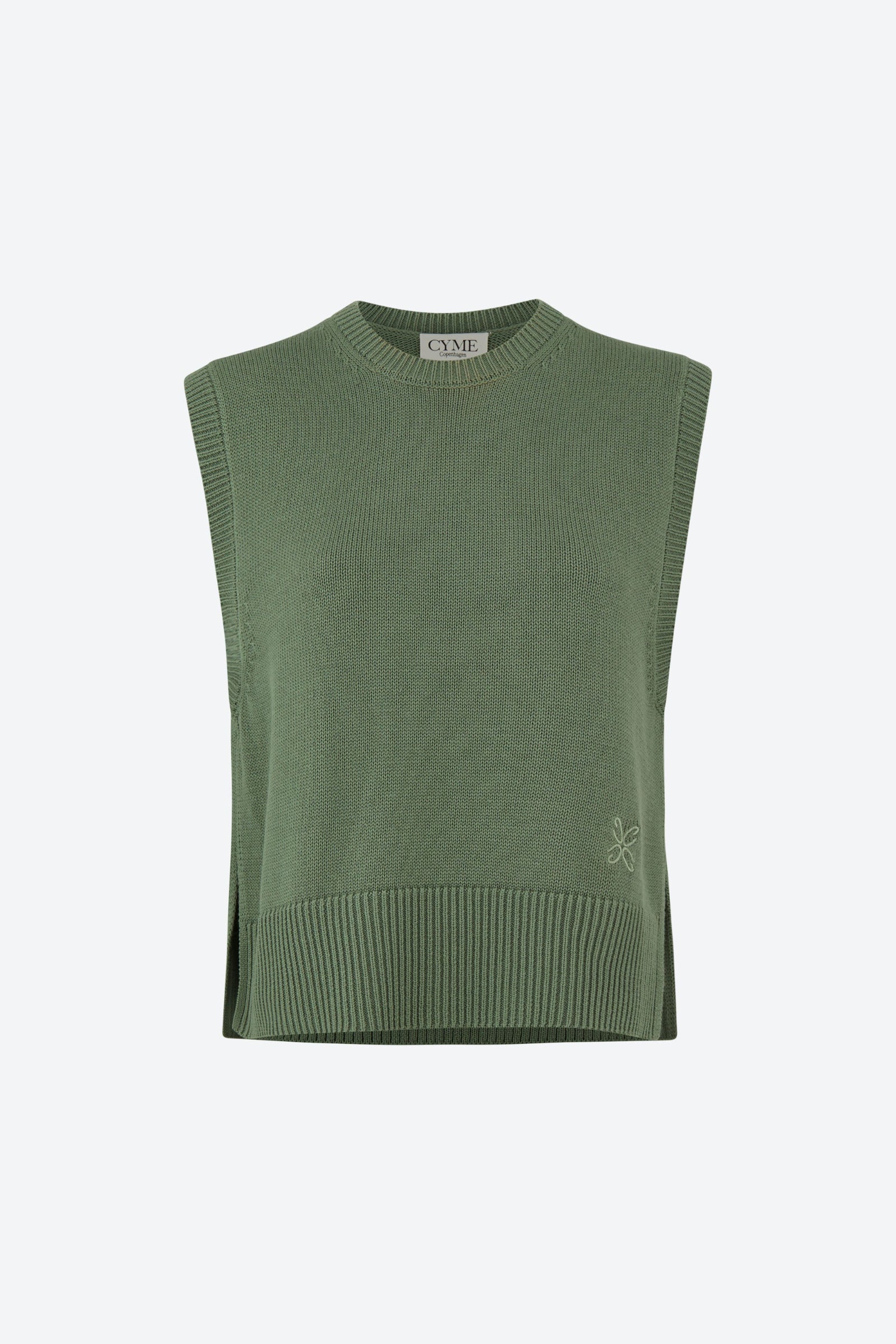 Front view of an olive green sleeveless knit vest with a crew neckline and ribbed hem, displayed on a plain background.