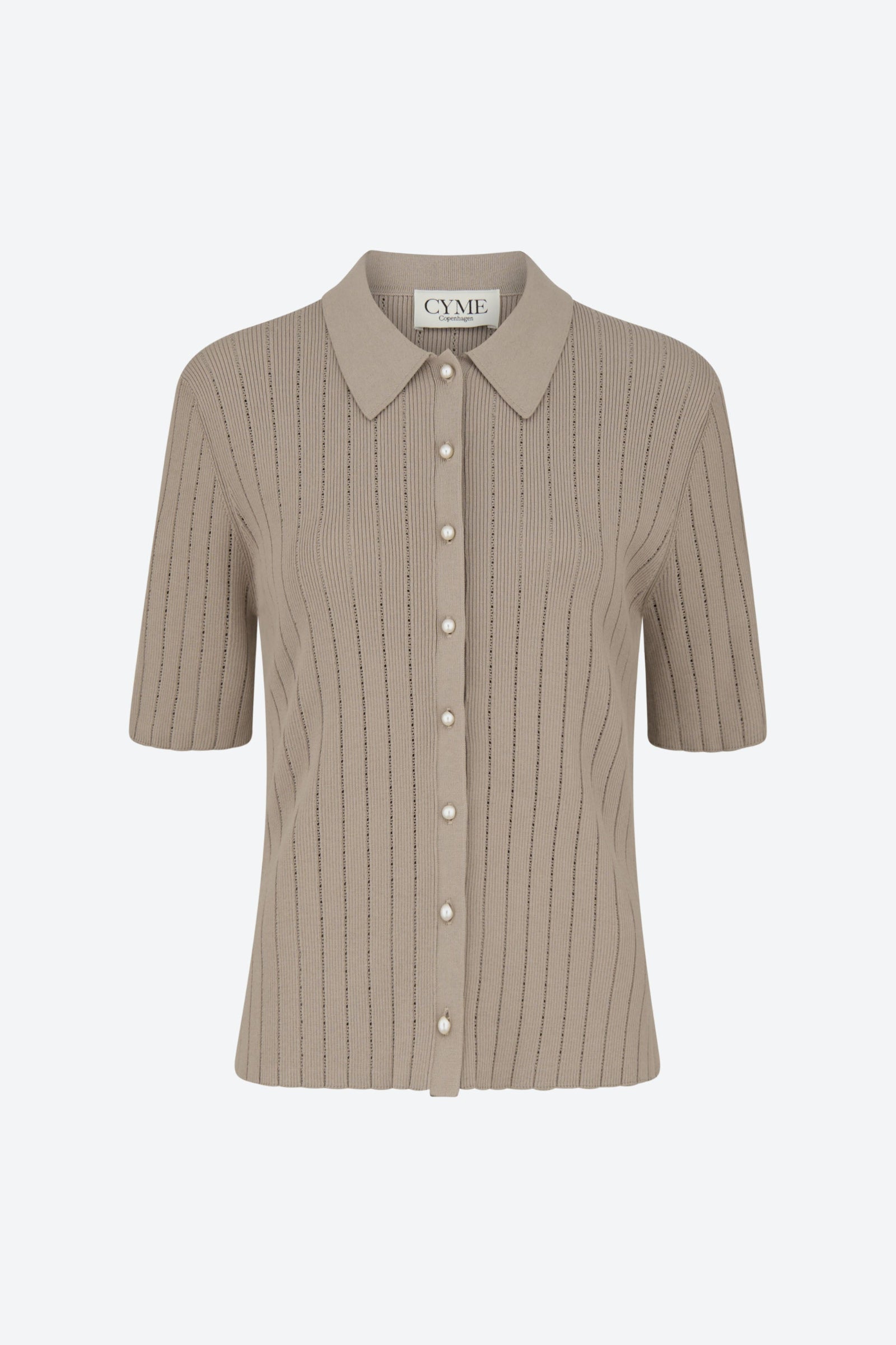 Front view of the CYME Polo Shirt in taupe, detailed with pearl buttons. A modern neutral tone in a silky-soft knit—ideal for versatile, slow-fashion styling.