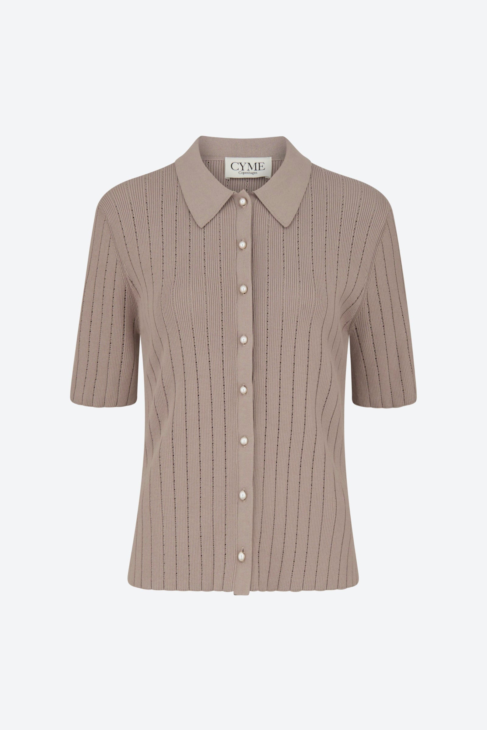 Front view of the CYME Polo Shirt in taupe, detailed with pearl buttons. A modern neutral tone in a silky-soft knit—ideal for versatile, slow-fashion styling.
