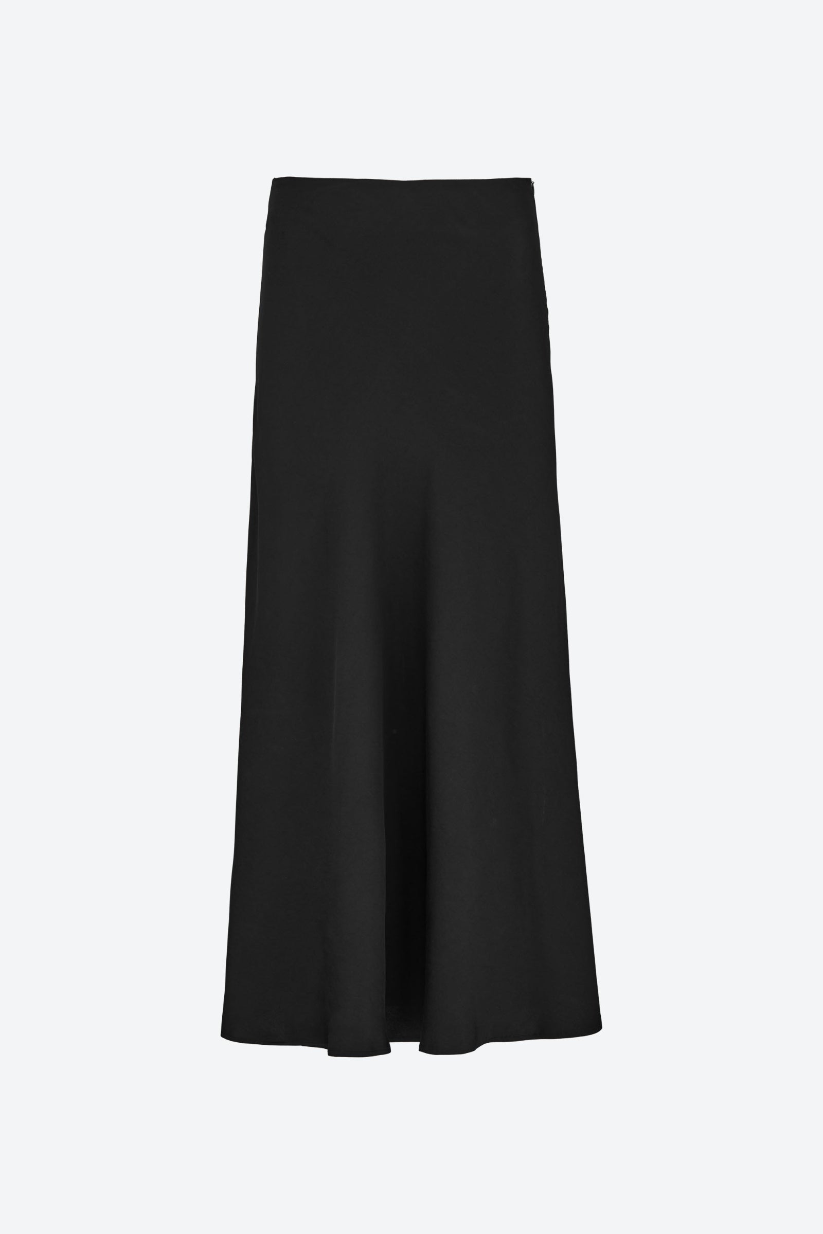 Front view of the CYME Satin Skirt in black. A high-waisted, ankle-length skirt with a fluid drape and subtle flare—made from elegant satin for refined movement and shine.