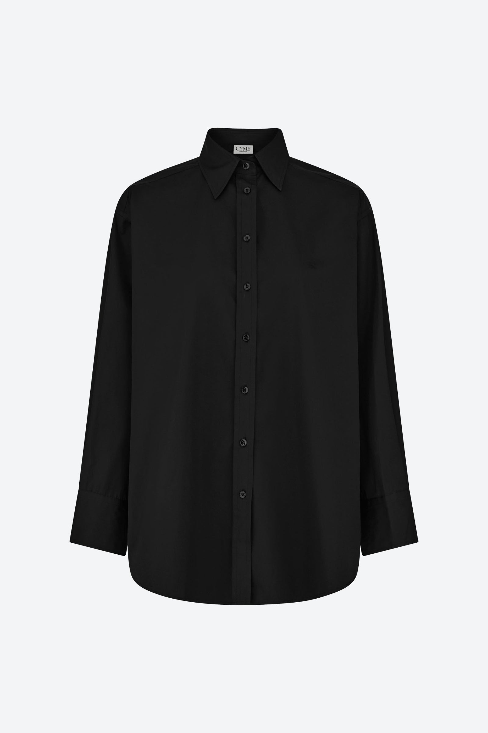 Front view of the CYME Supima Shirt in classic black. Made from premium Supima cotton, this minimalist essential combines durability with refined elegance.