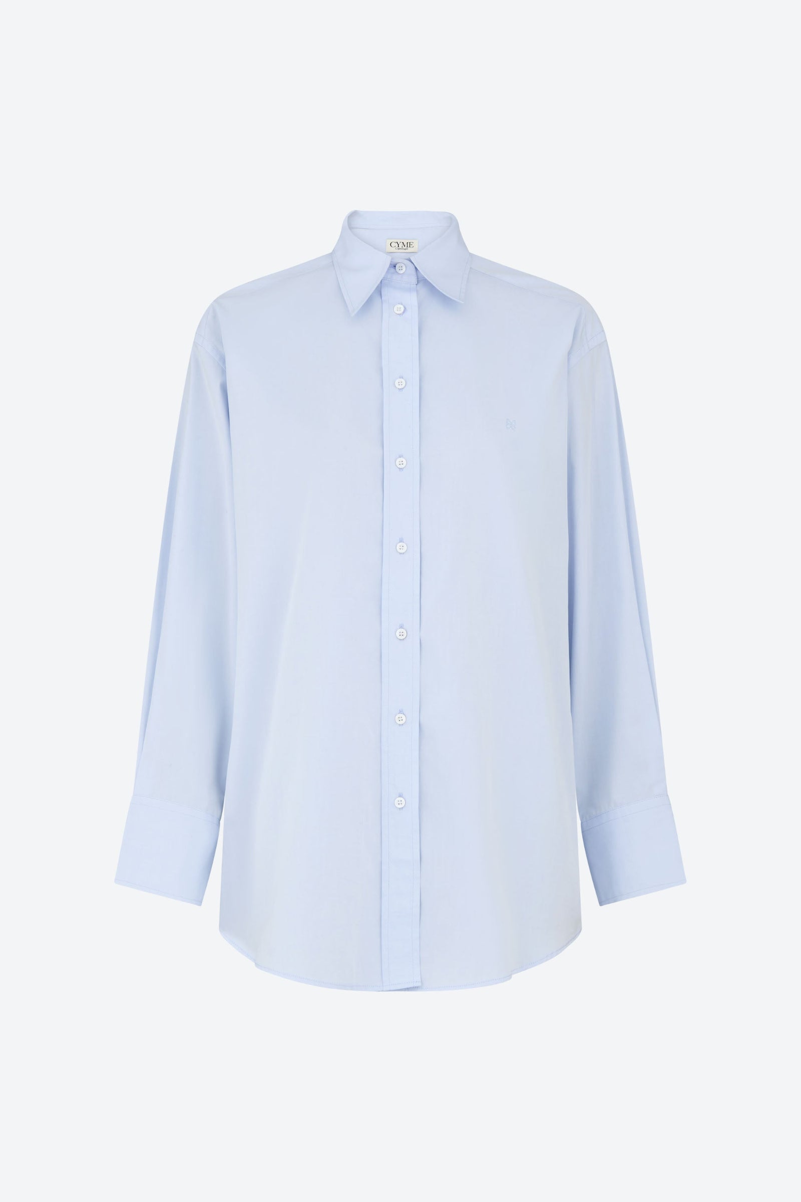 Front view of the CYME Supima Shirt in light blue. Featuring ultra-soft Supima cotton, this shirt is designed for a clean silhouette and all-day comfort.
