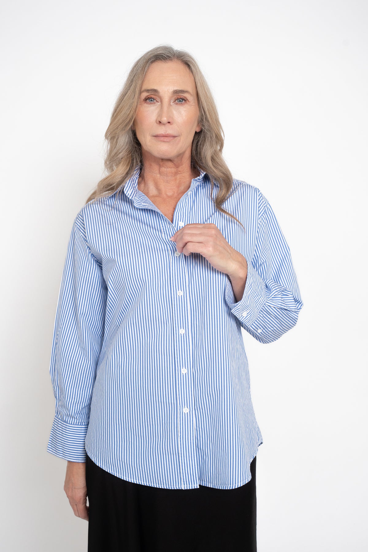 Front view of the striped Cyme Supima Shirt, showing its button fastening and long cuffed sleeves.