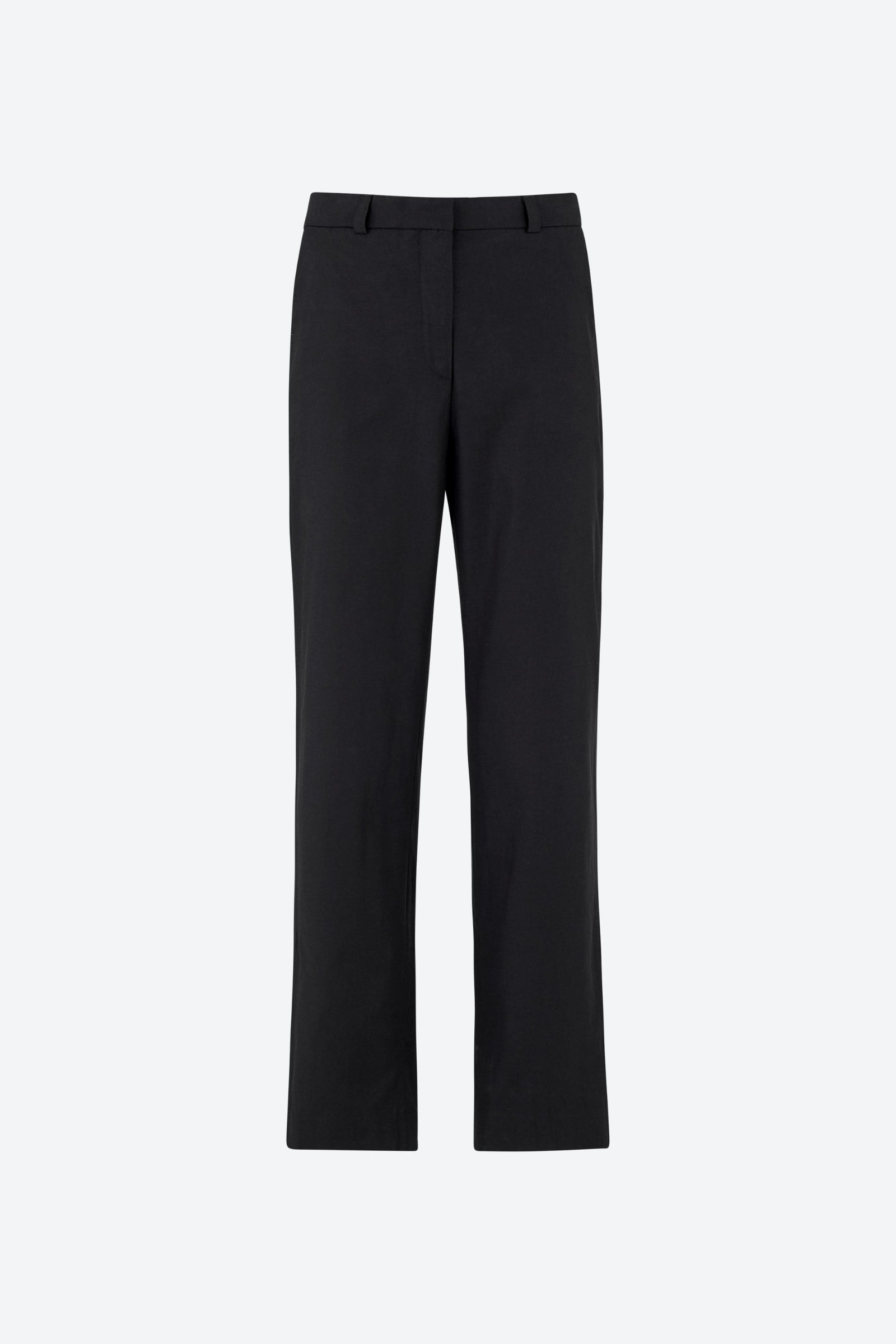Sorte skræddersyede bukser fra CYME Copenhagen med høj talje, pressefolder og elegant lige benform – lavet i et blødt, struktureret materiale med stræk.