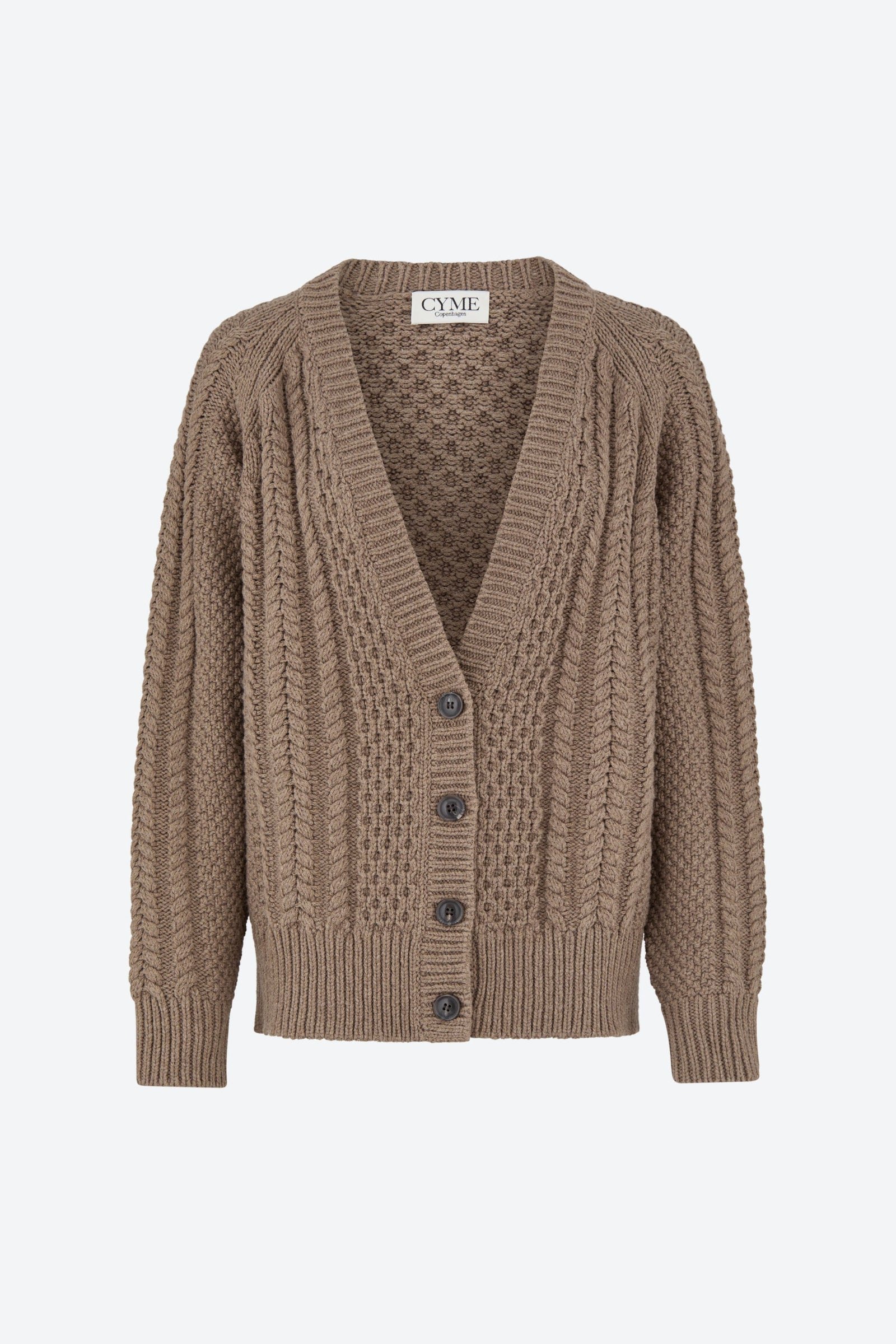 Front view of a taupe-colored, chunky knit cardigan with a deep V-neckline, cable knit pattern, and button-up front closure, displayed on a plain background.