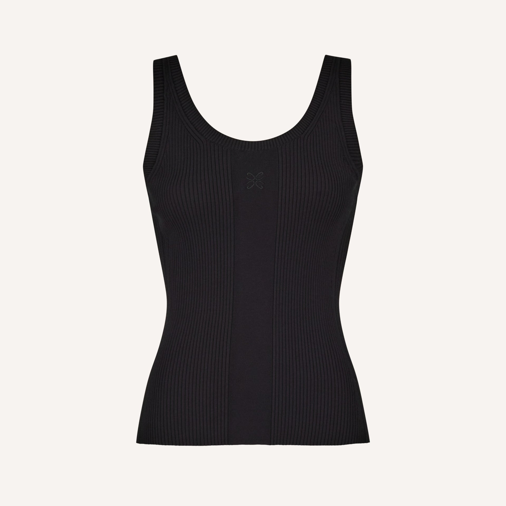 Front view of the CYME CC Top in black. A fitted, ribbed tank top made from soft and stretchy fabric with CYME’s embroidered logo.