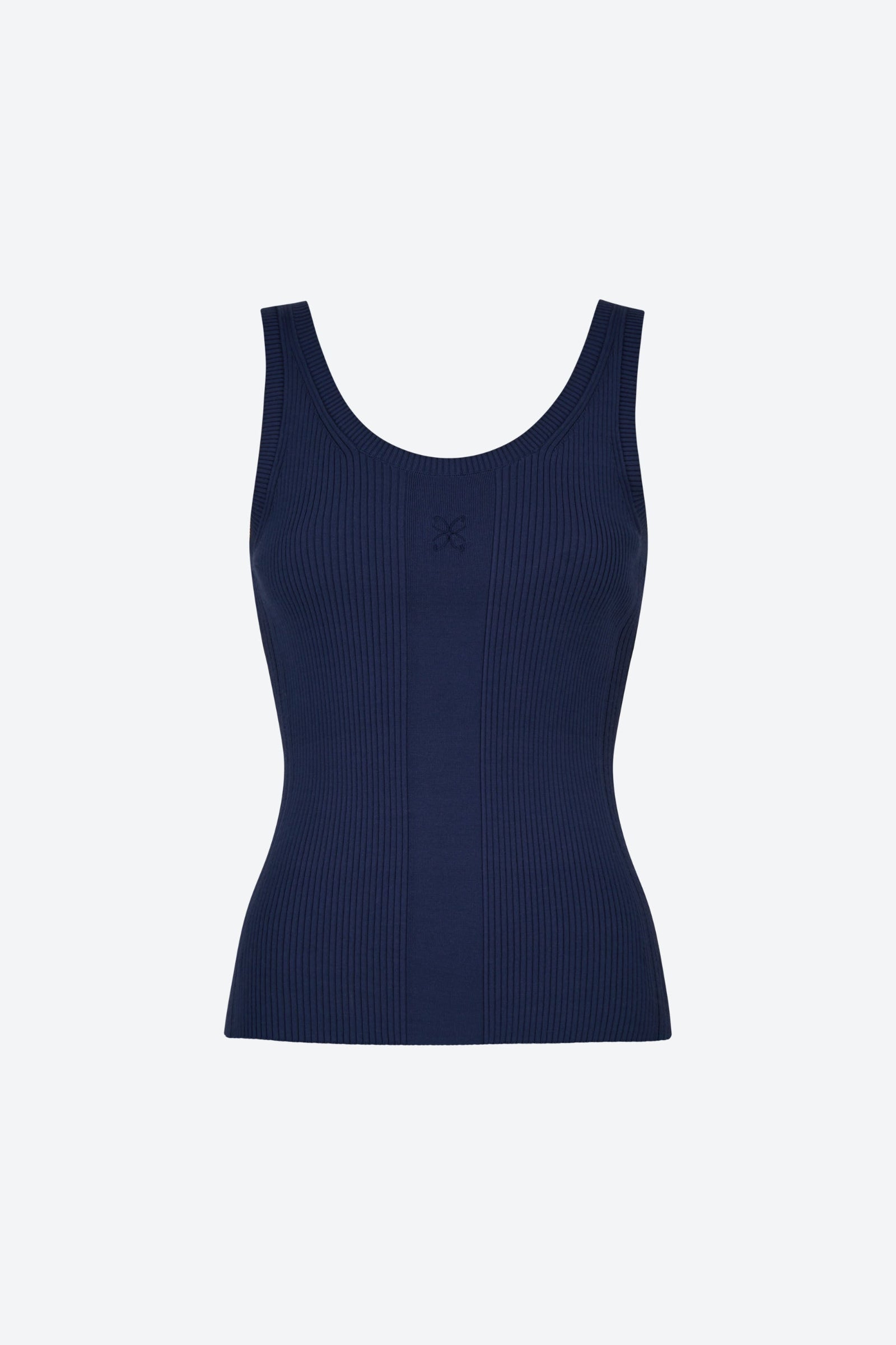 Front view of the CYME CC Top in navy. This timeless ribbed tank top offers a flattering fit with a minimalist aesthetic and signature CYME embroidery on the chest.