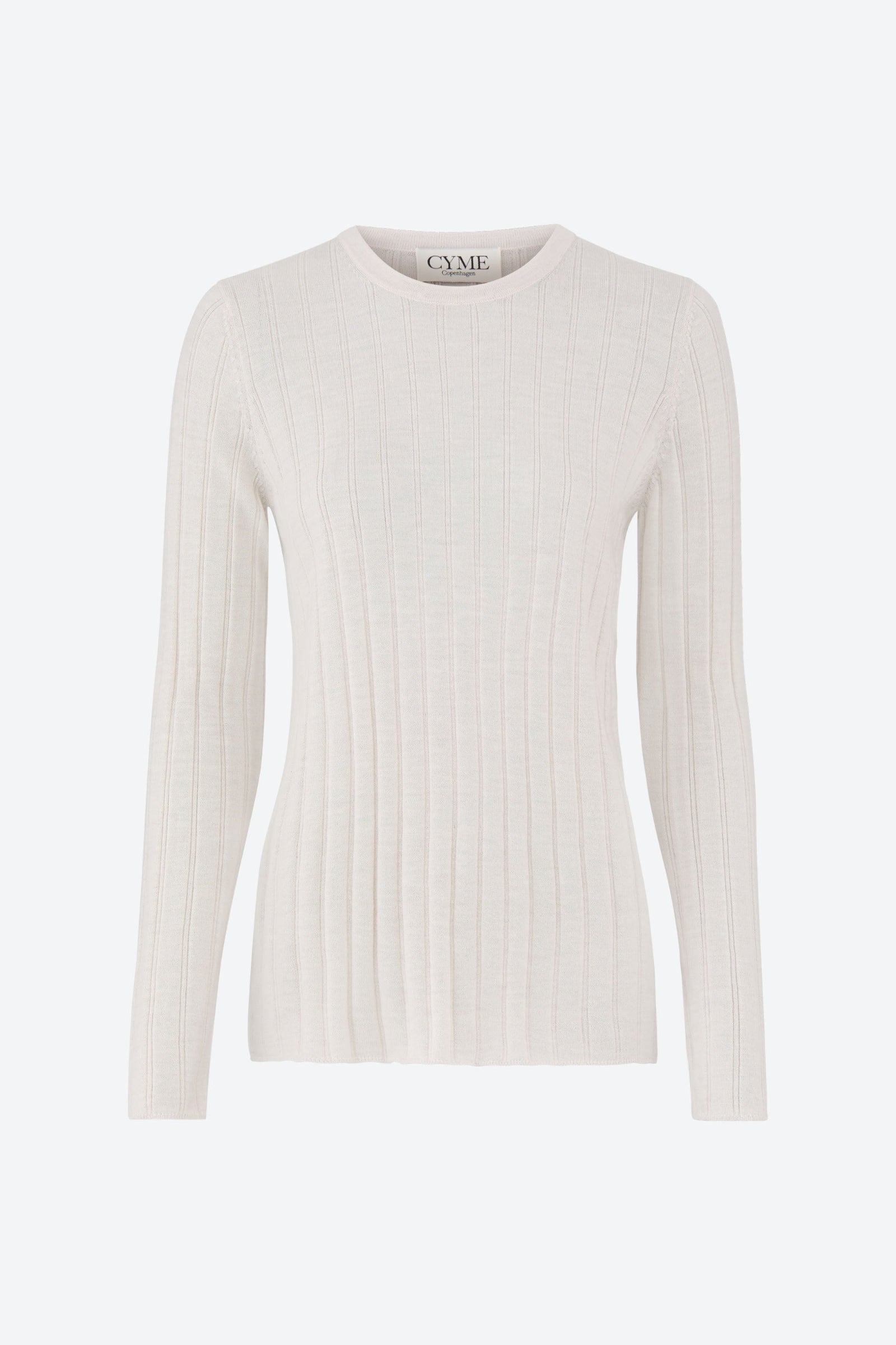 A white, long-sleeve, ribbed-knit sweater with a round neckline. The sweater features a slim fit and is displayed on a plain background.