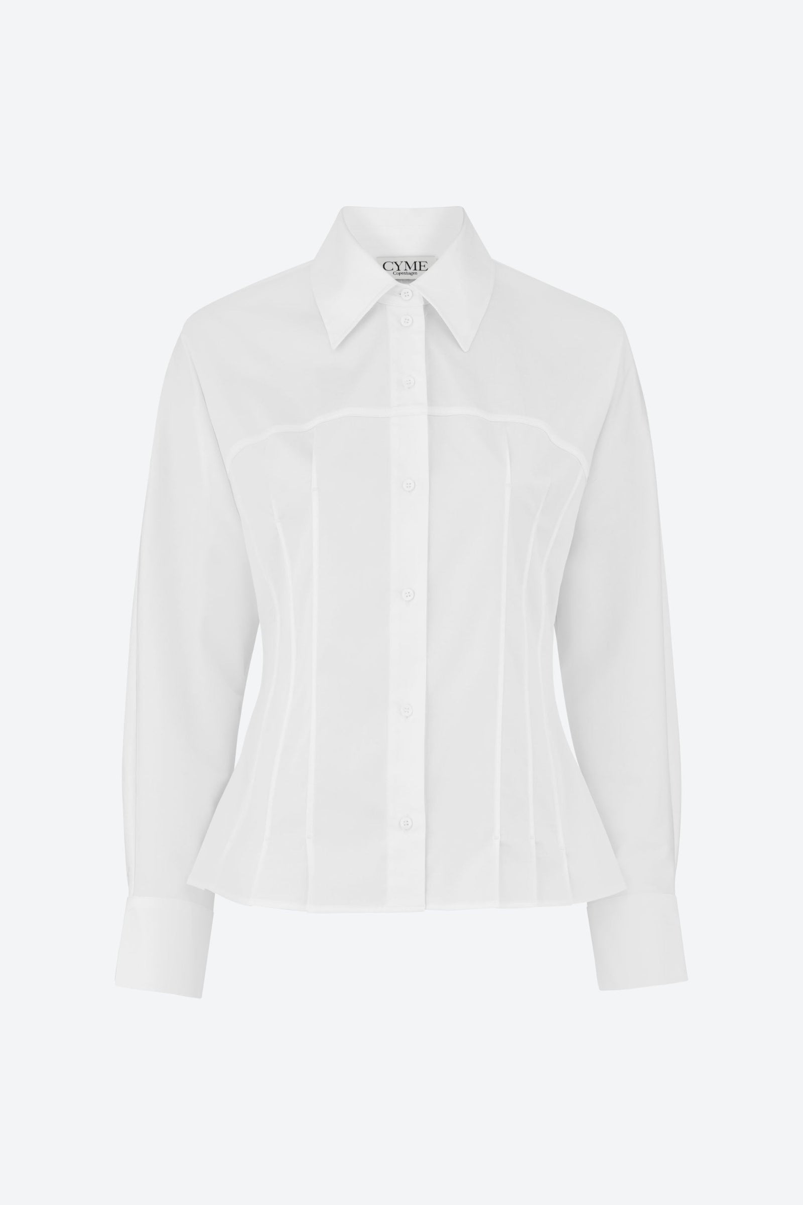 A white, long-sleeve, button-down shirt with a classic collar and tailored fit. The shirt features subtle vertical stitching details and is displayed on a plain background.