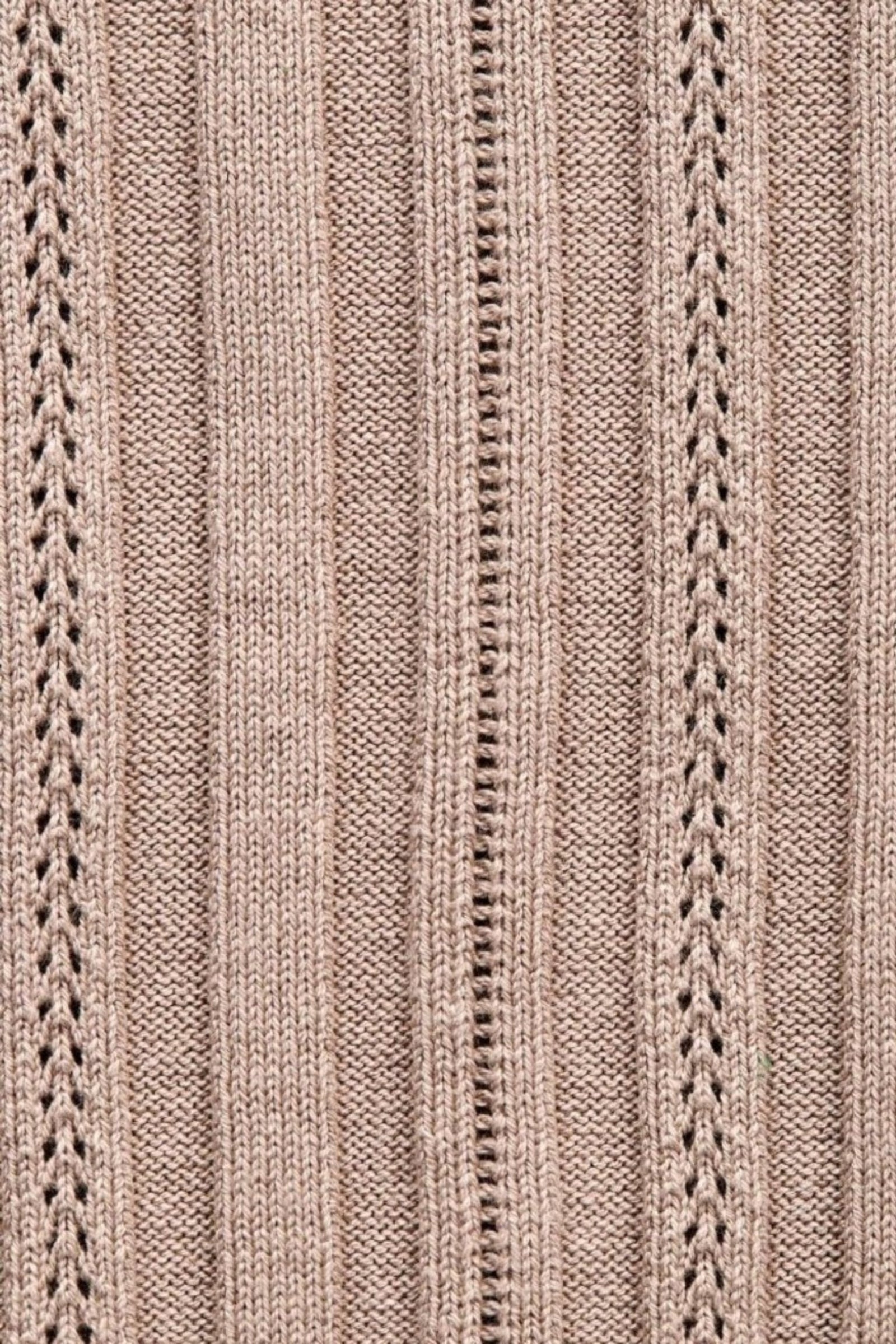 Close-up of the intricate knit pattern on a taupe garment, showcasing Cyme Copenhagen's attention to detail and craftsmanship in sustainable materials for their Danish fashion brand, specializing in women's clothing.