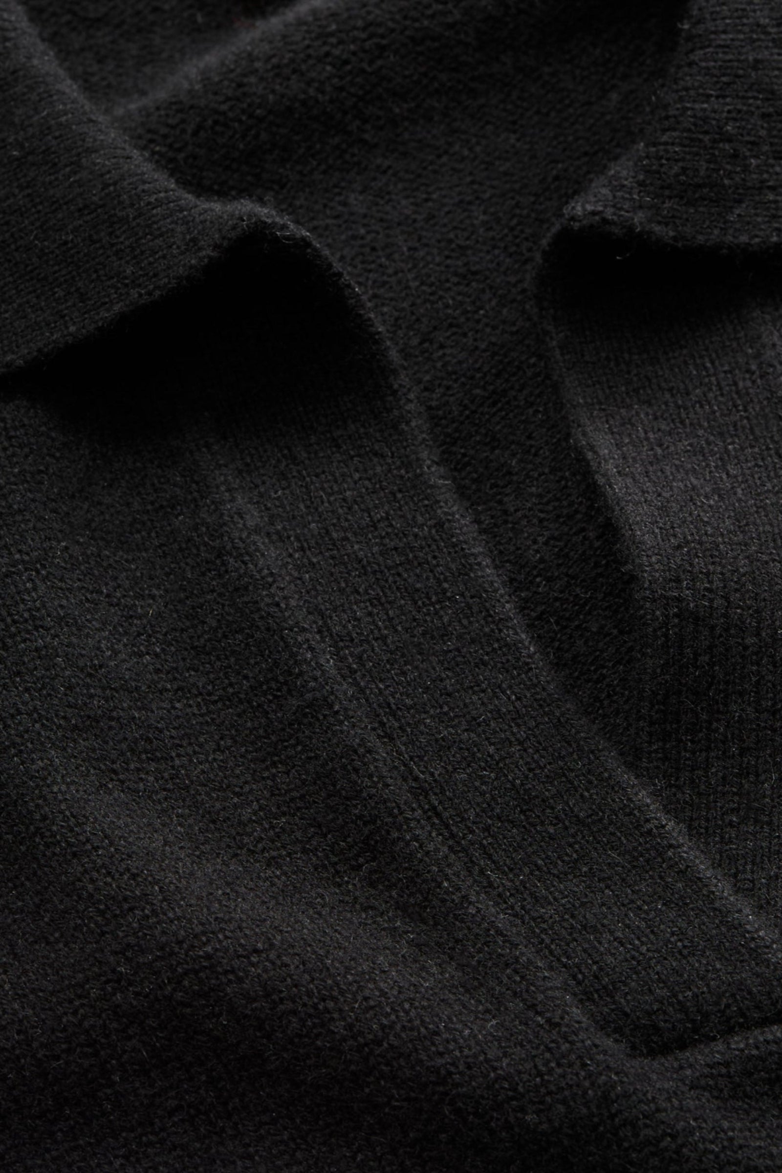 A close-up of the collar and neckline of a black polo-style knit jumper.