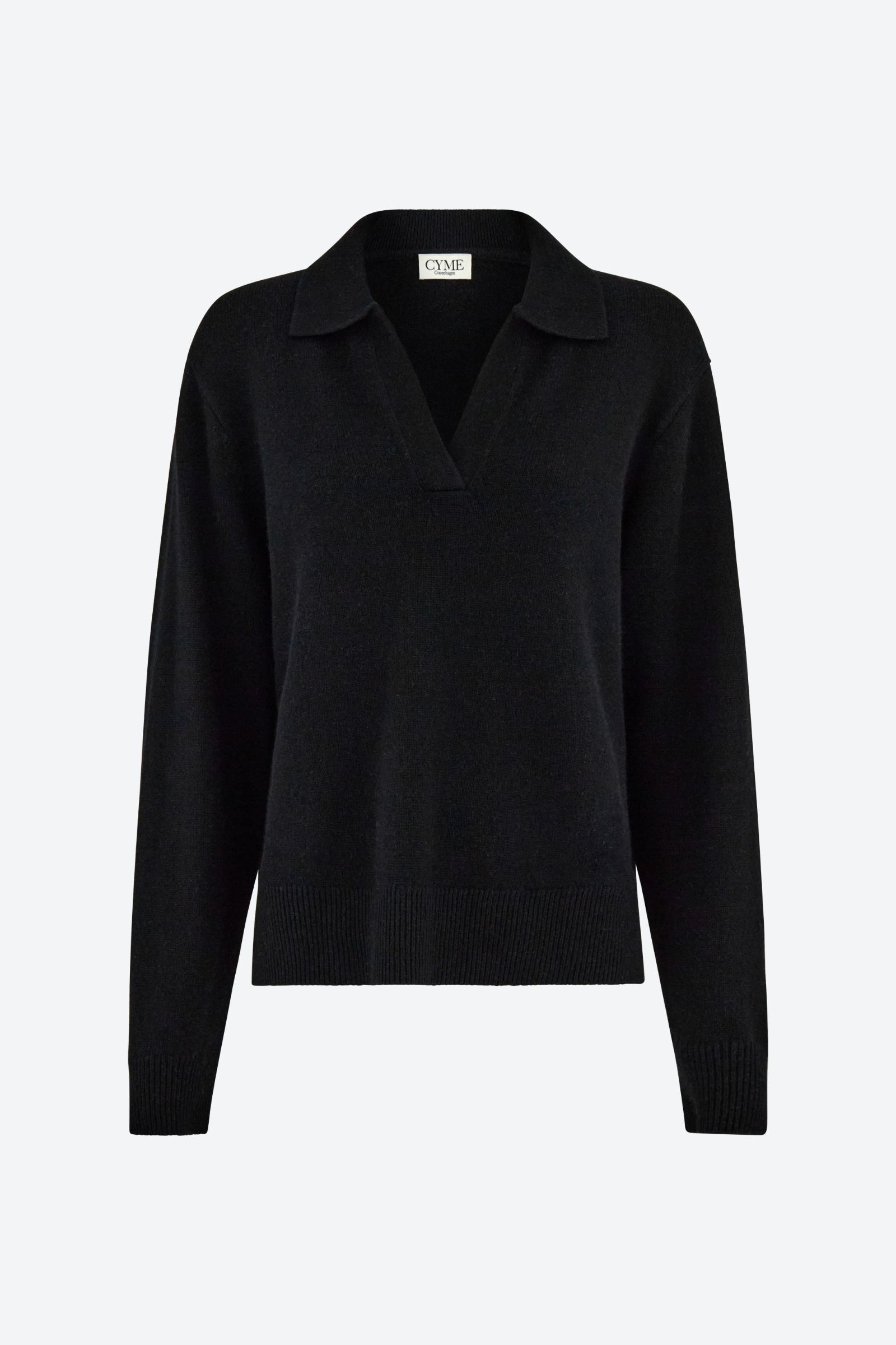 A front view of a black polo-style knit jumper with a deep V-neck and long sleeves.