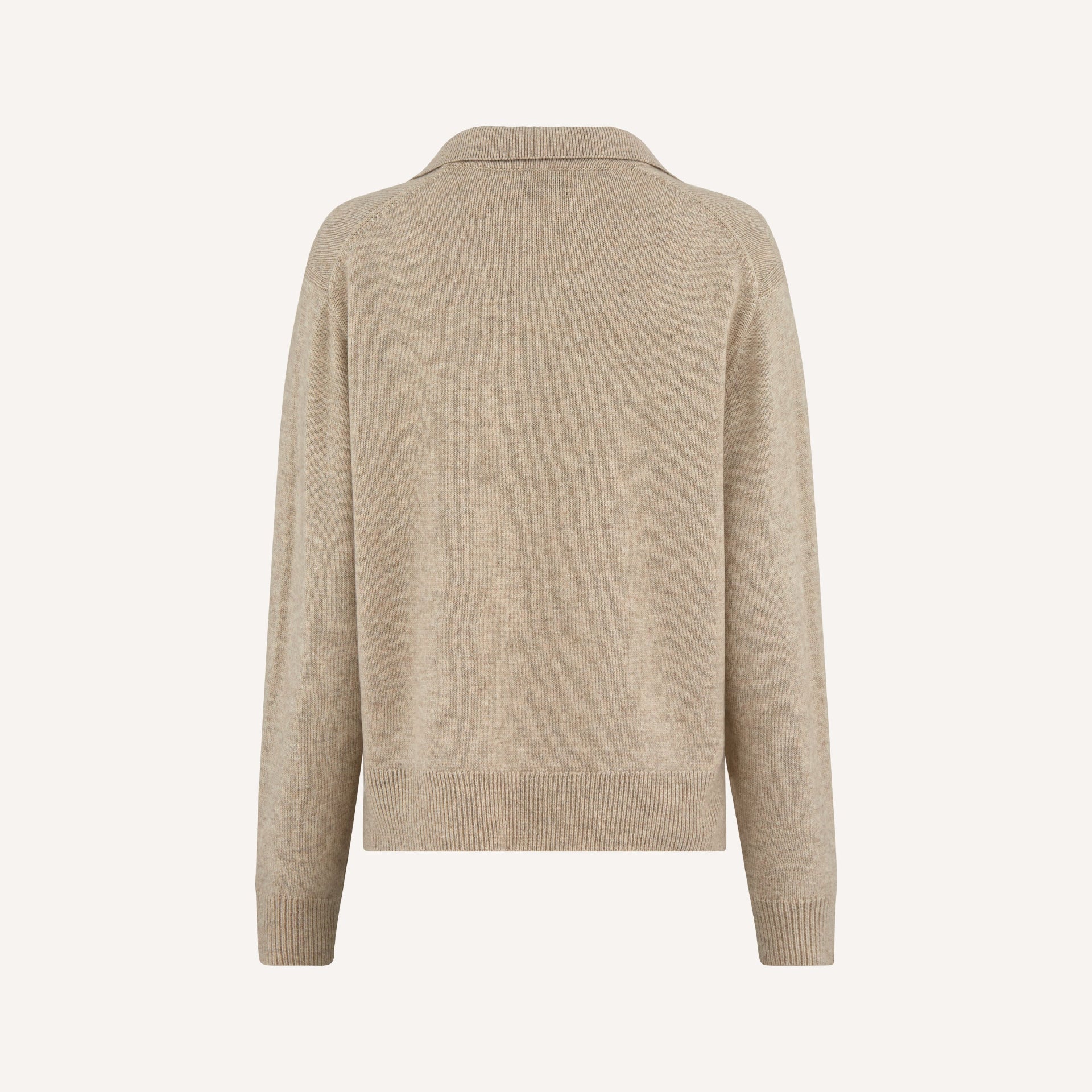 A back view of a beige polo-style knit jumper with long sleeves and ribbed cuffs.