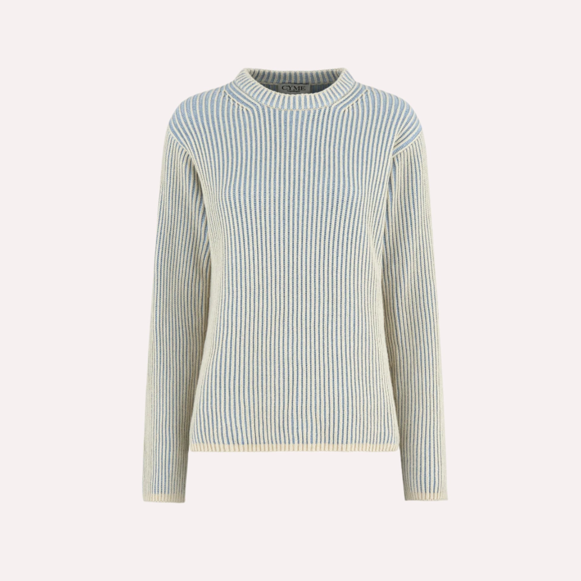 A front view of a ribbed knit sweater in cream and light blue hues, featuring a round neckline and long sleeves.