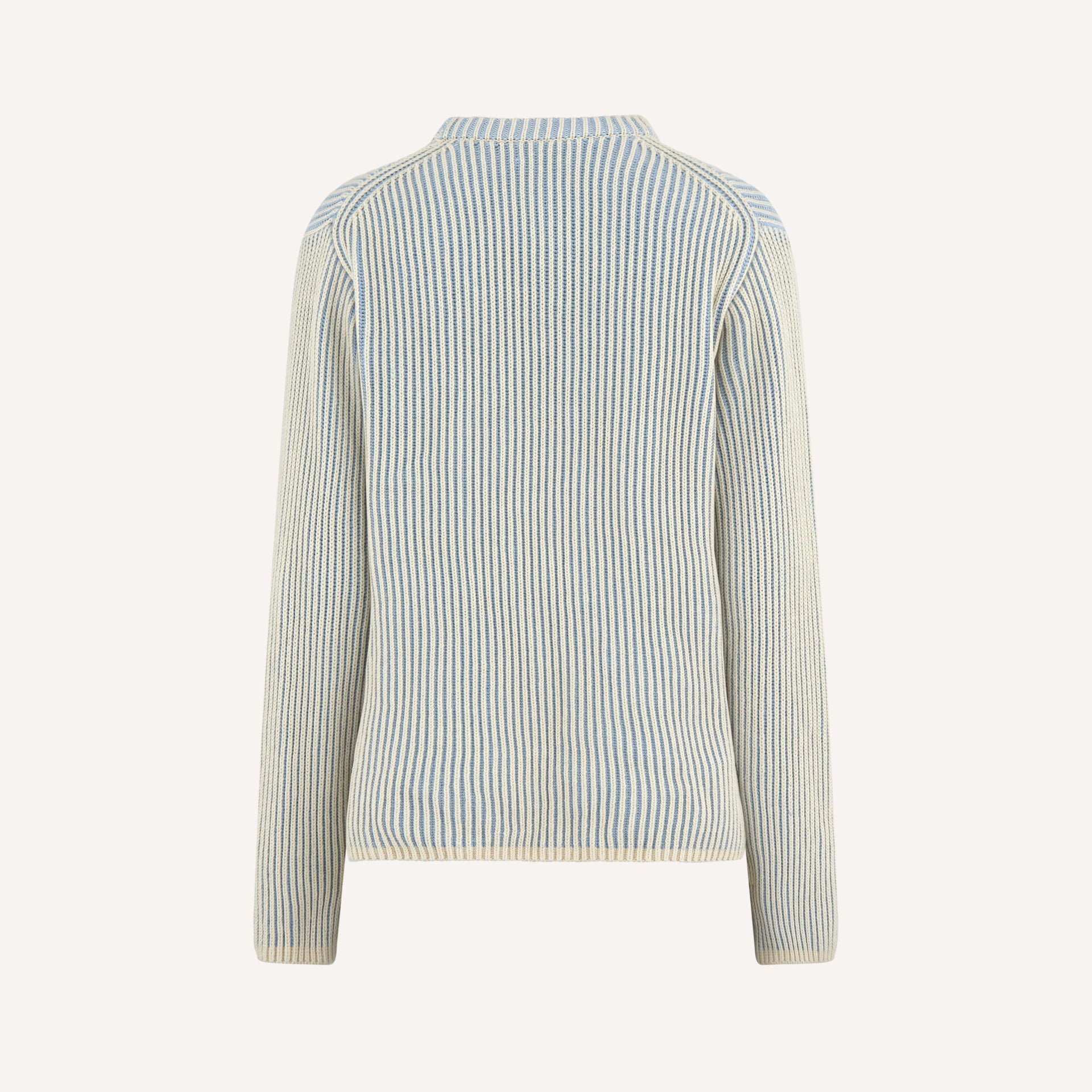 A back view of a ribbed knit sweater in cream and light blue tones, featuring a round neckline and long sleeves.