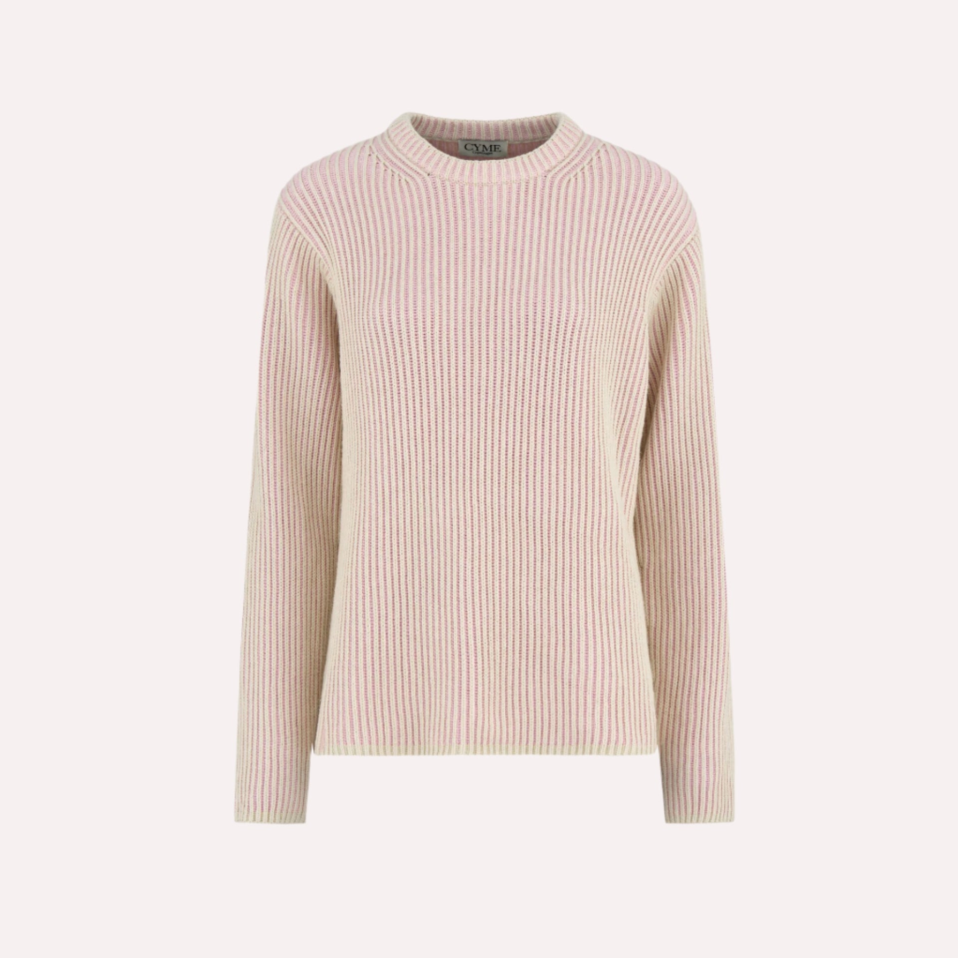 A front view of a ribbed knit sweater in cream and light pink hues, featuring a round neckline and long sleeves.