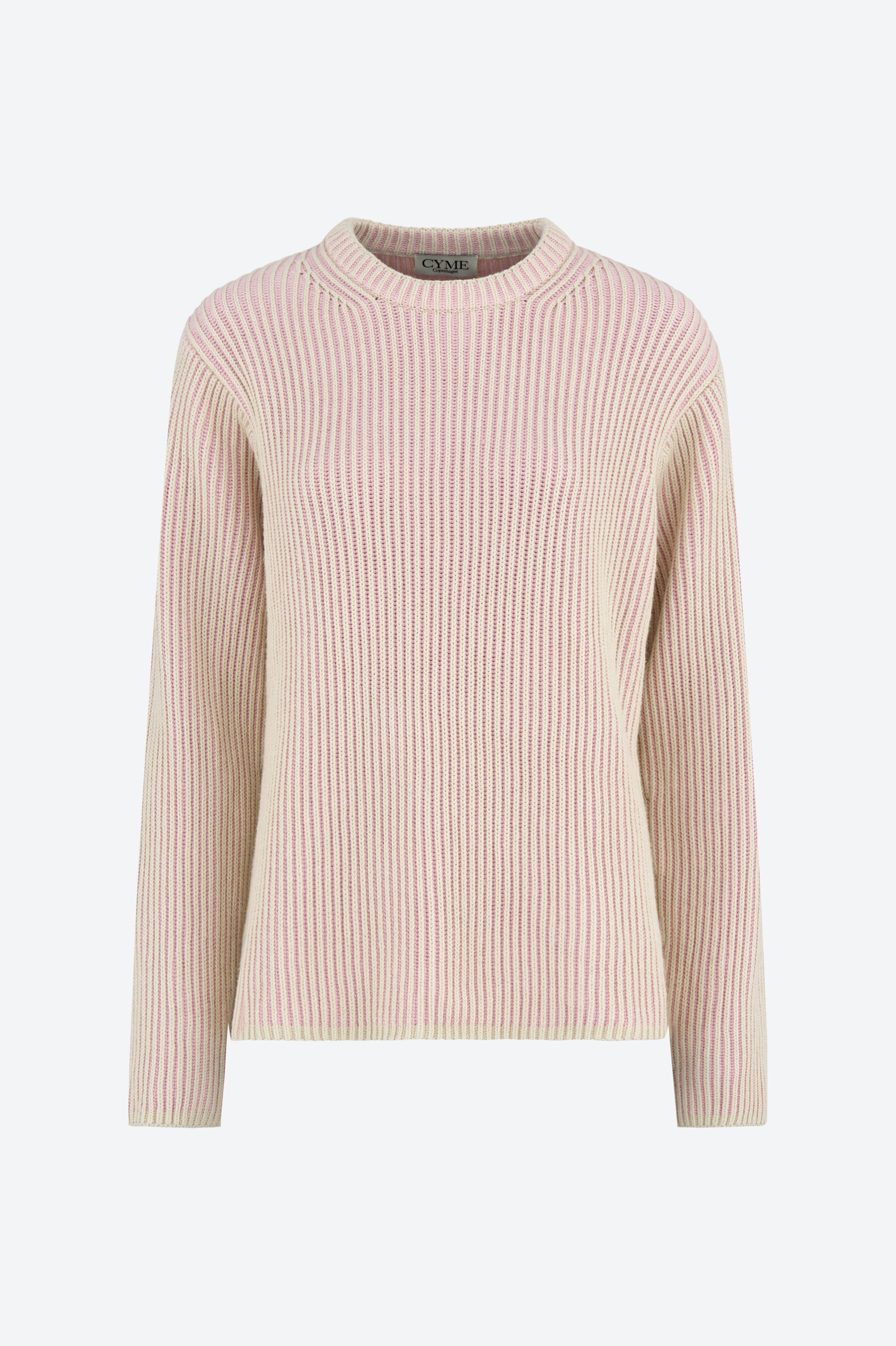 A front view of a ribbed knit sweater in cream and light pink hues, featuring a round neckline and long sleeves.