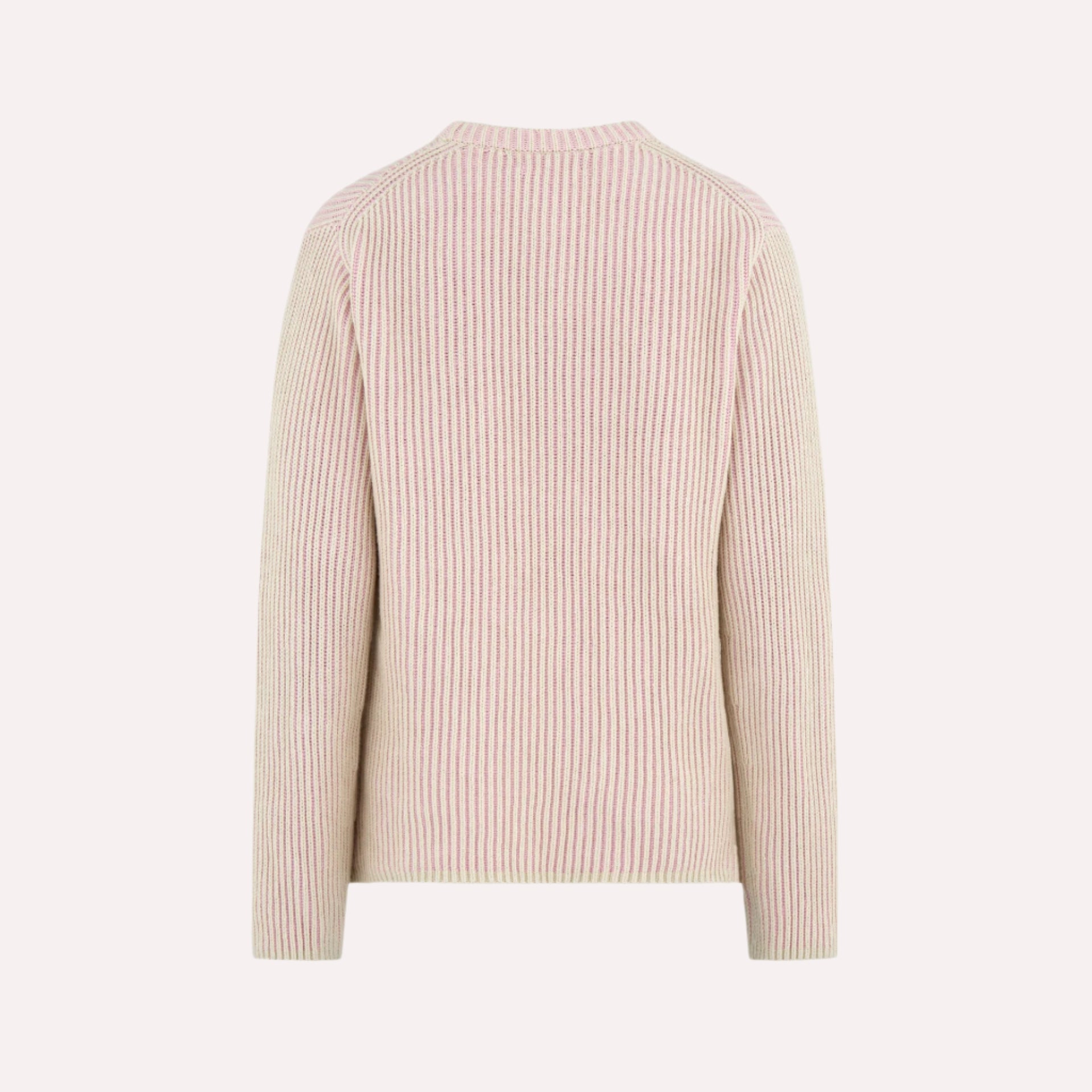 A back view of a ribbed knit sweater in cream and light pink tones, featuring a round neckline and long sleeves.