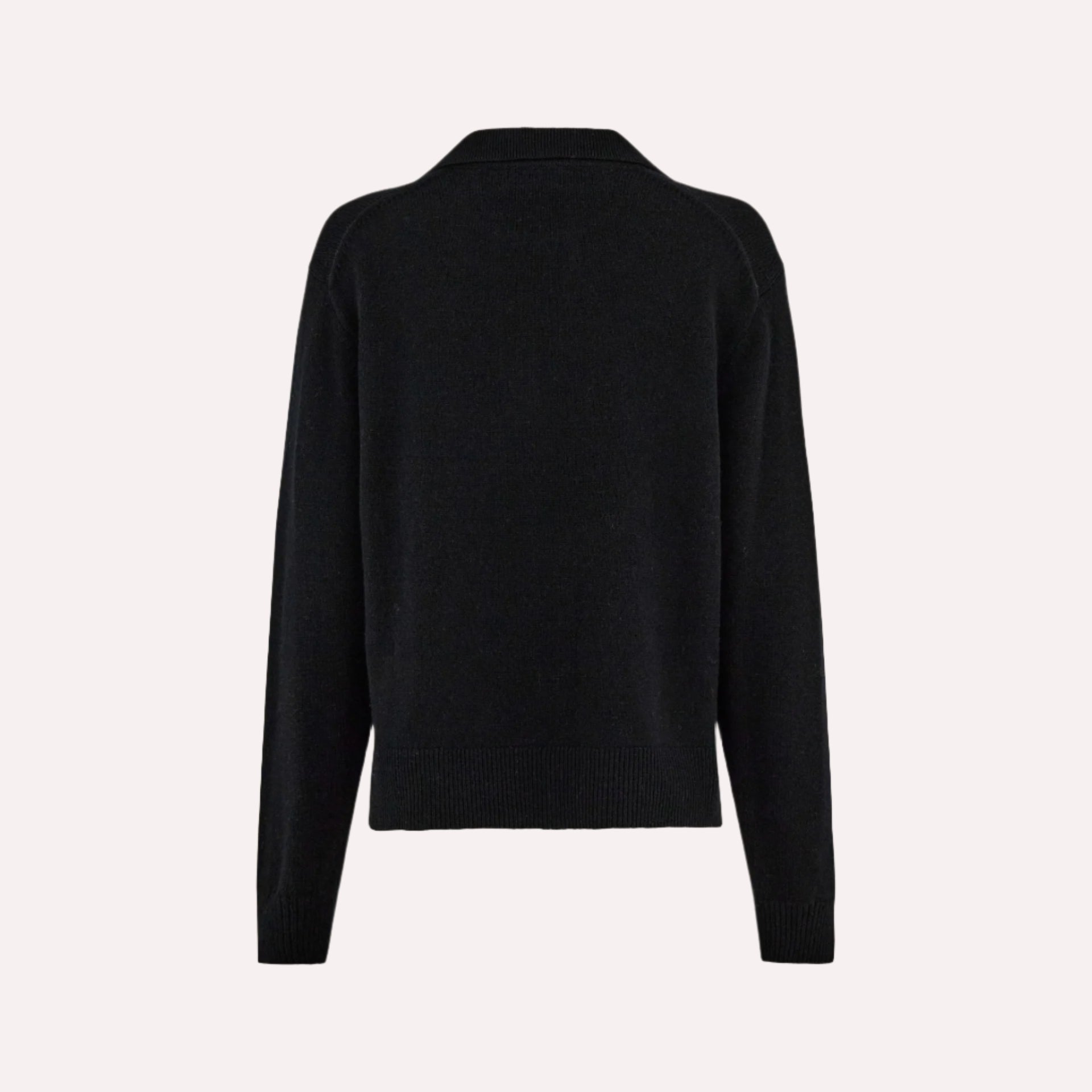 A back view of a black polo-style knit jumper with long sleeves and ribbed cuffs.