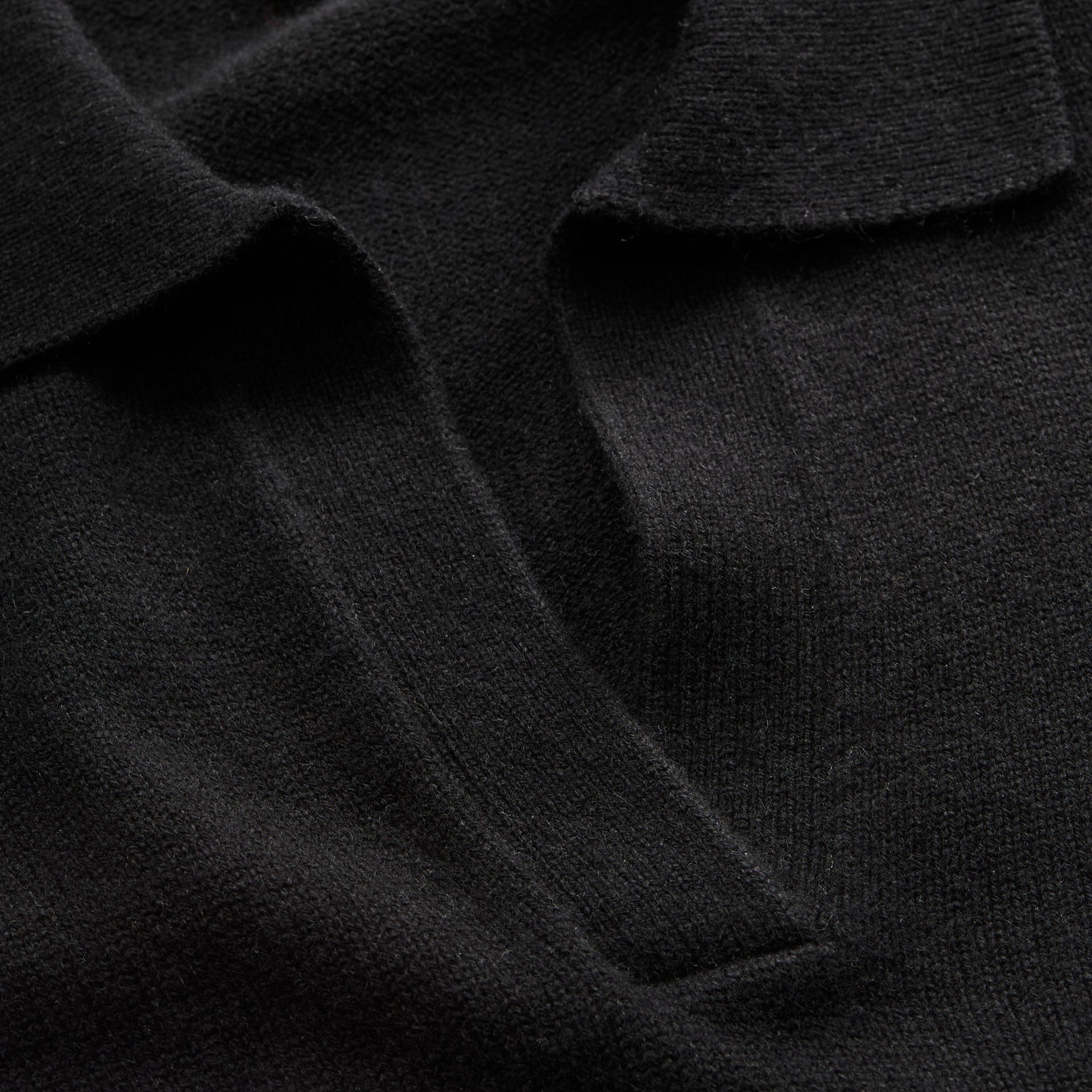 A close-up of the collar and neckline of a black polo-style knit jumper.