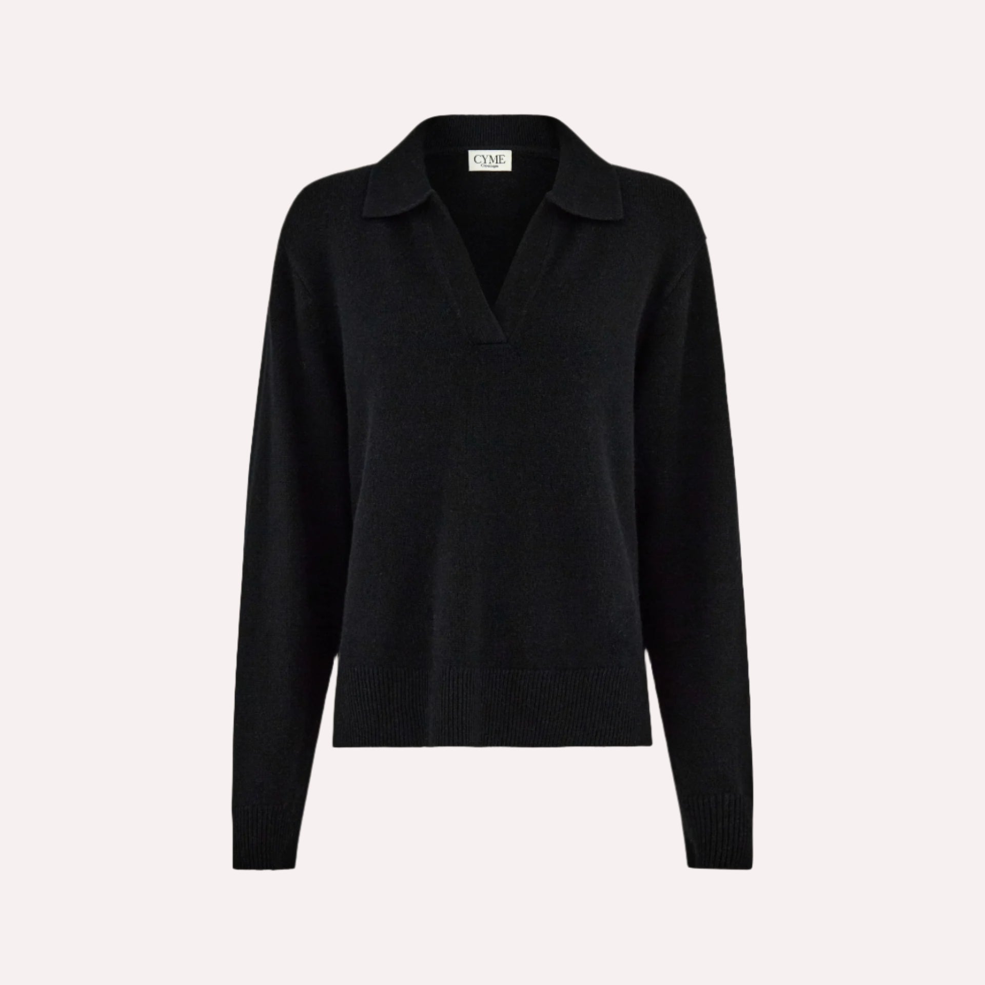 A front view of a black polo-style knit jumper with a deep V-neck and long sleeves.