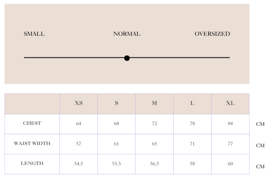 Size chart for Essential Top - Ivory