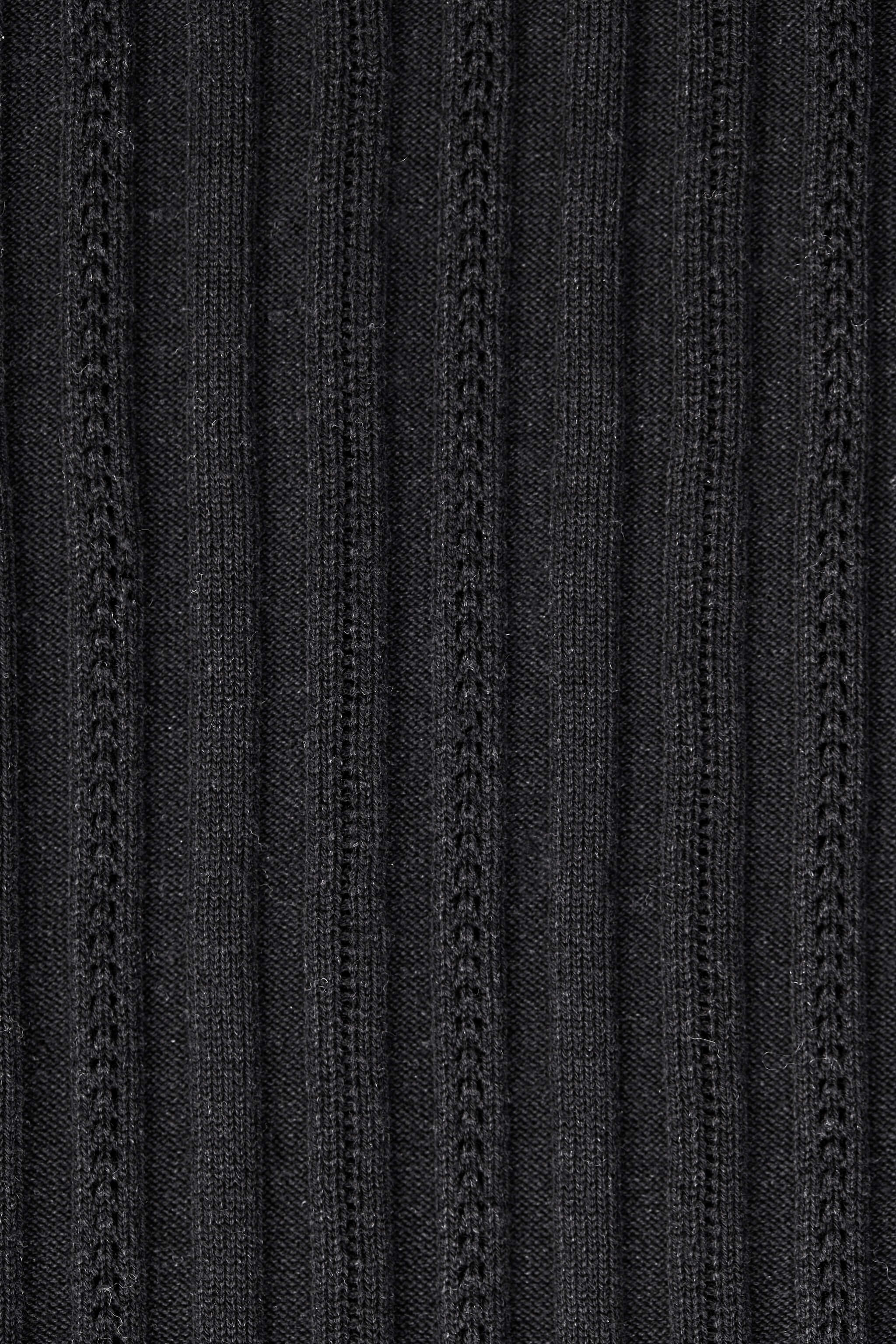 Texture detail of Cyme Copenhagen's sustainable black knit fabric, showcasing the quality and intricate patterns that exemplify the brand's commitment to top fashion and Danish designer craftsmanship in women's clothing.